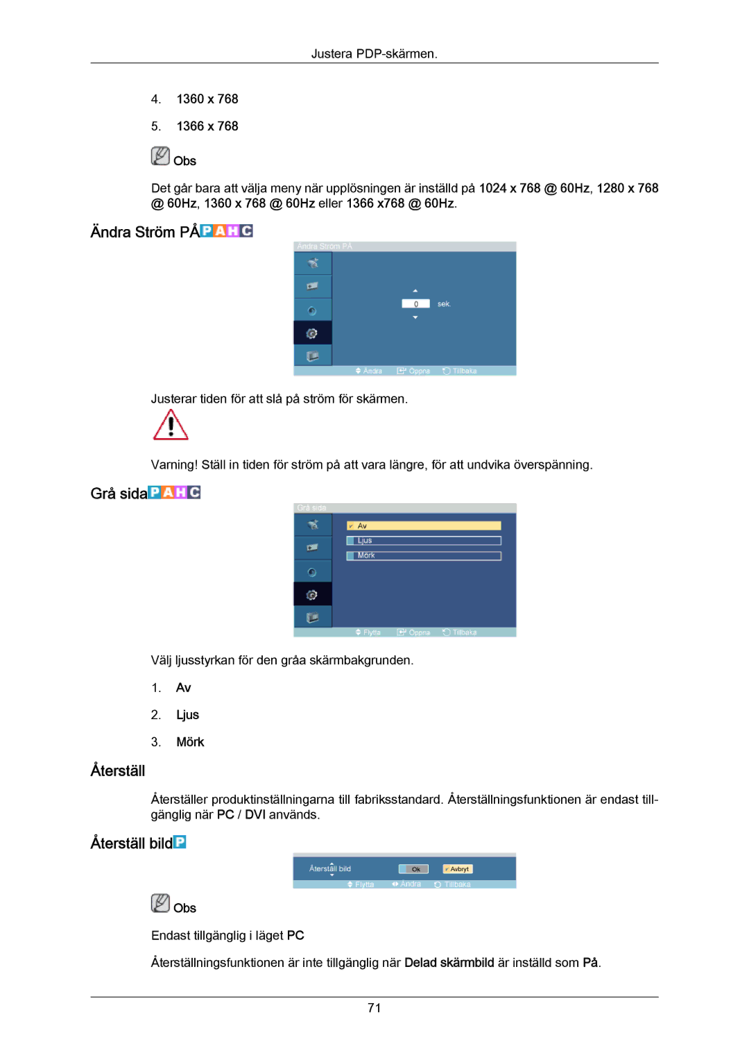 Samsung PH64KRPMBF/EN manual Ändra Ström PÅ, Grå sida, Återställ bild 