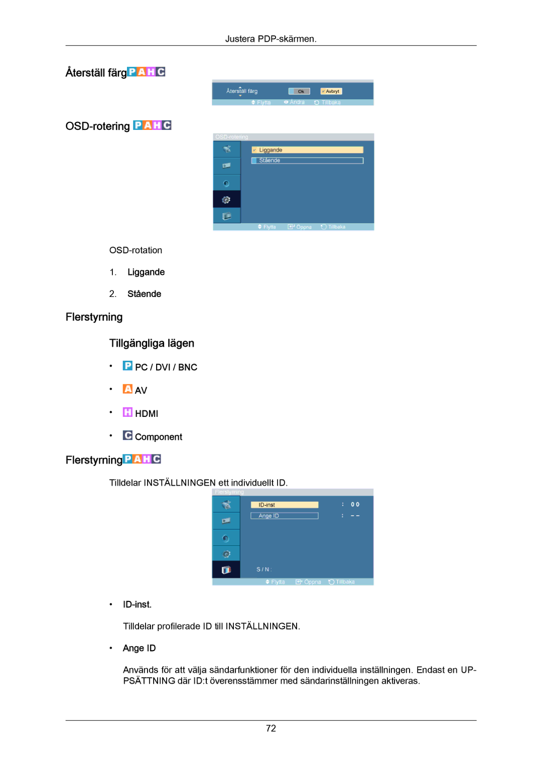 Samsung PH64KRPMBF/EN manual Återställ färg OSD-rotering, Flerstyrning Tillgängliga lägen 