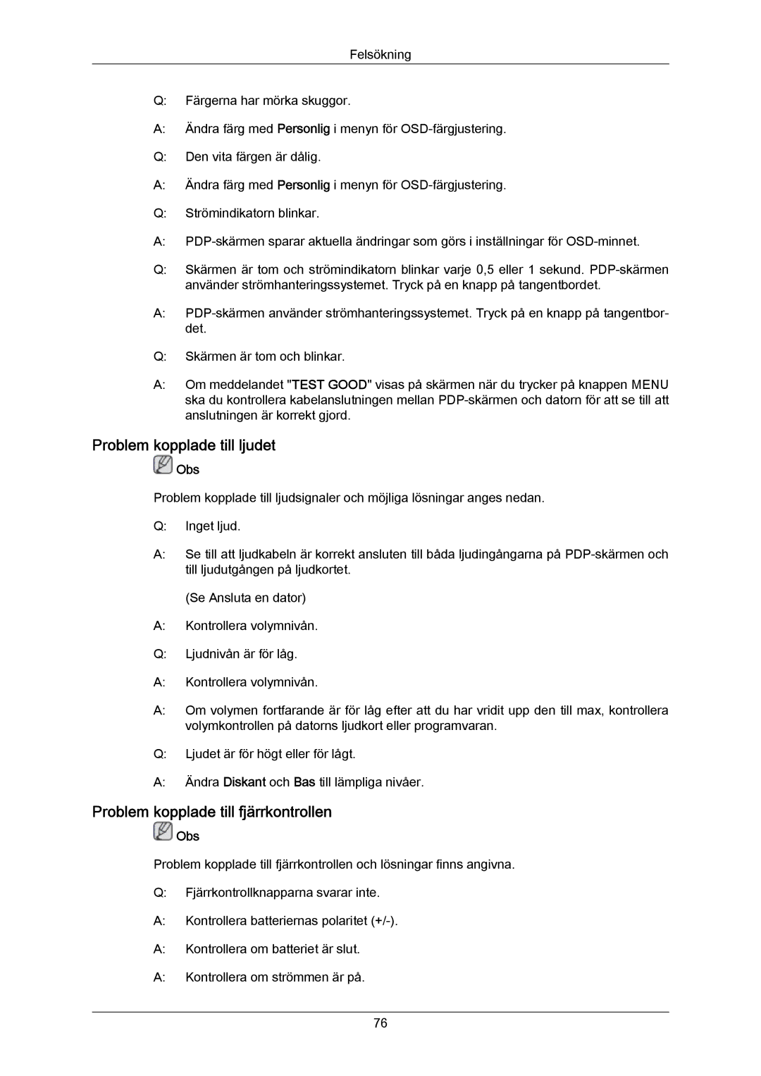 Samsung PH64KRPMBF/EN manual Problem kopplade till ljudet, Problem kopplade till fjärrkontrollen 