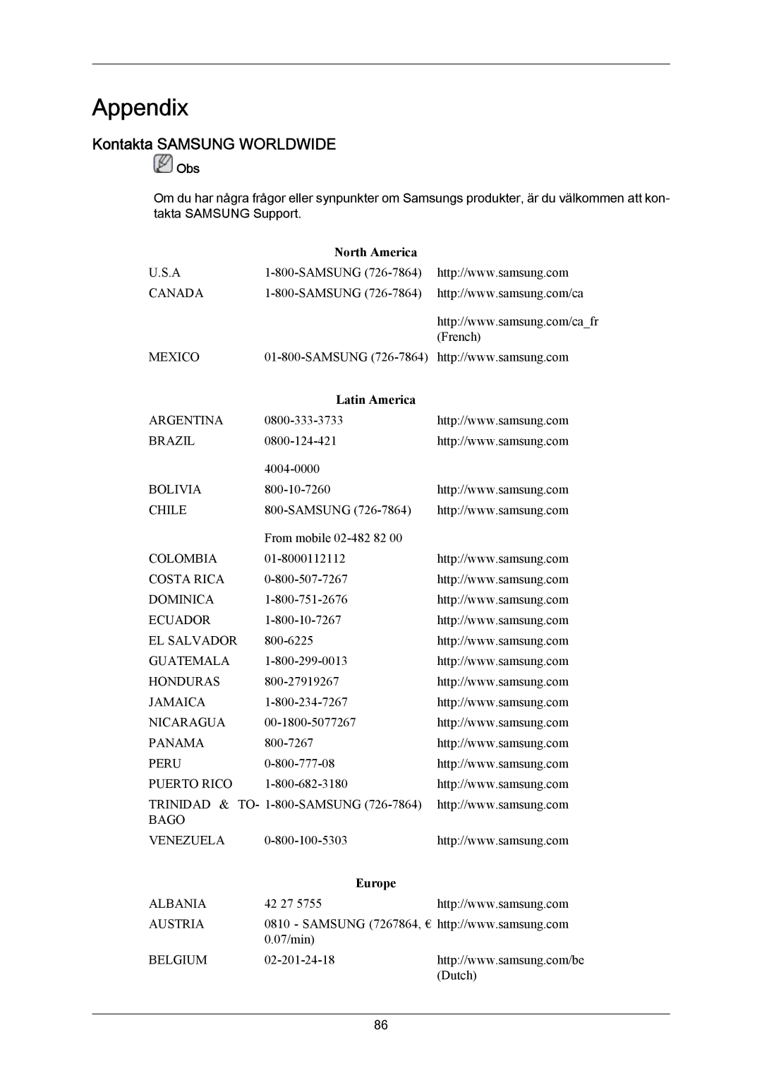 Samsung PH64KRPMBF/EN manual Appendix, Kontakta Samsung Worldwide 