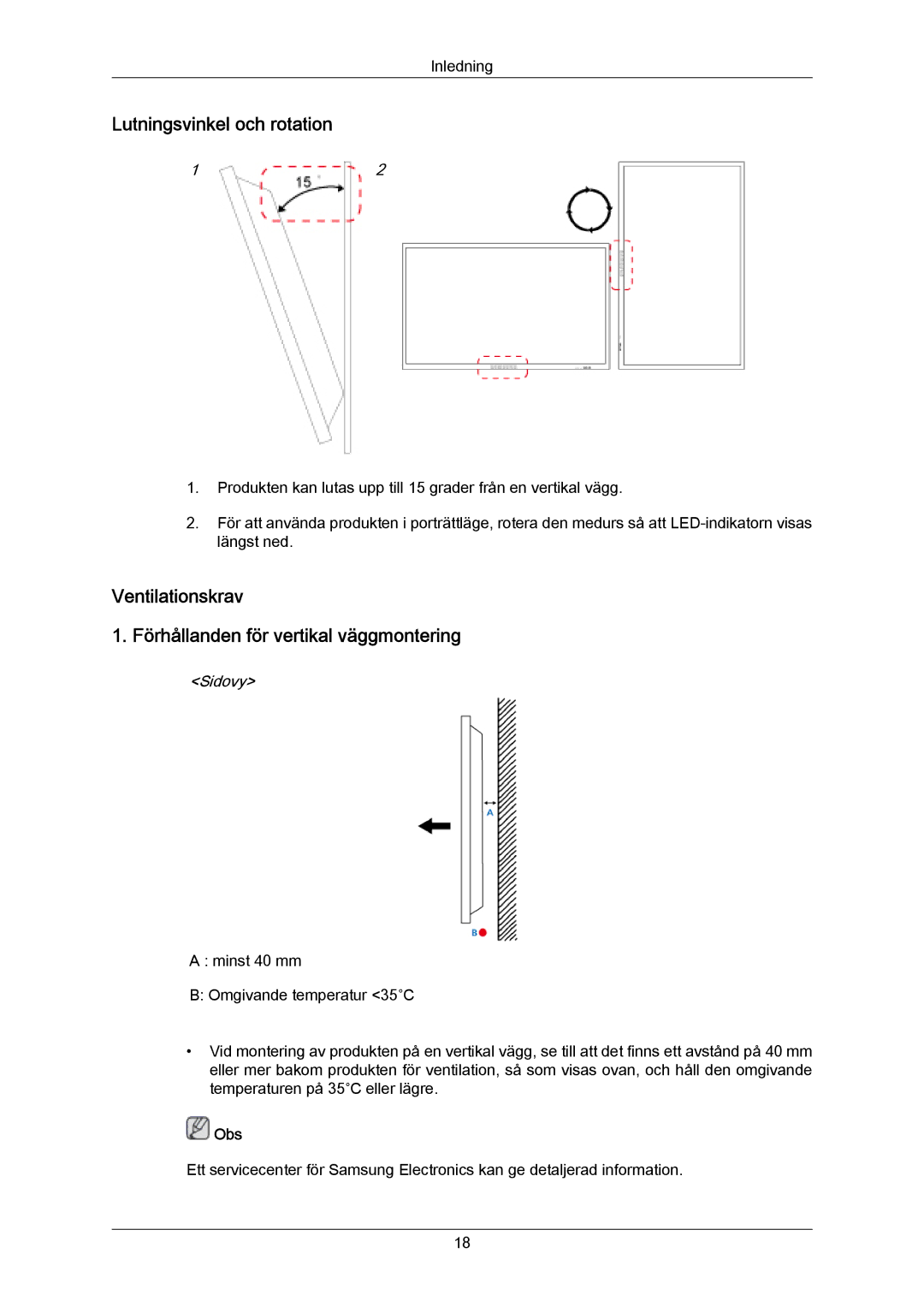 Samsung PH64KRPMBF/EN manual Lutningsvinkel och rotation, Ventilationskrav Förhållanden för vertikal väggmontering, Sidovy 