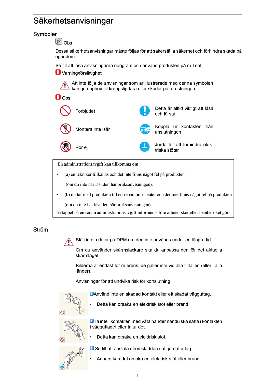 Samsung PH64KRPMBF/EN manual Symboler, Ström, Obs, Varning/försiktighet 