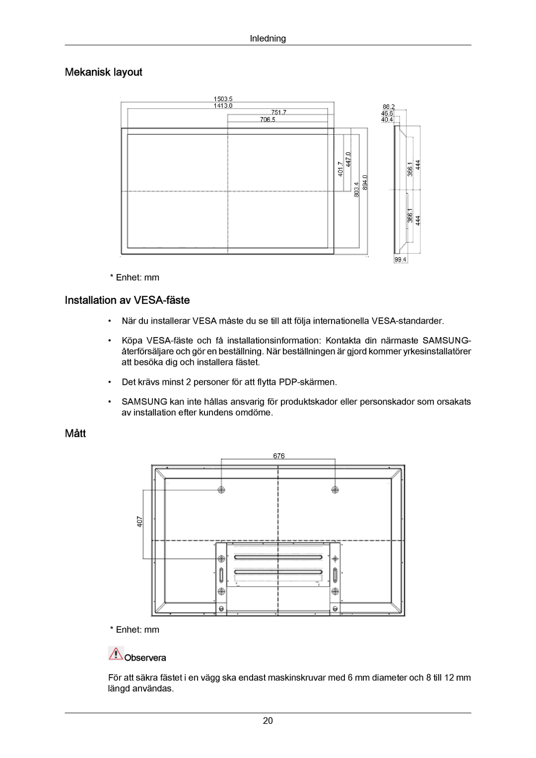 Samsung PH64KRPMBF/EN manual Mekanisk layout, Installation av VESA-fäste, Mått, Observera 