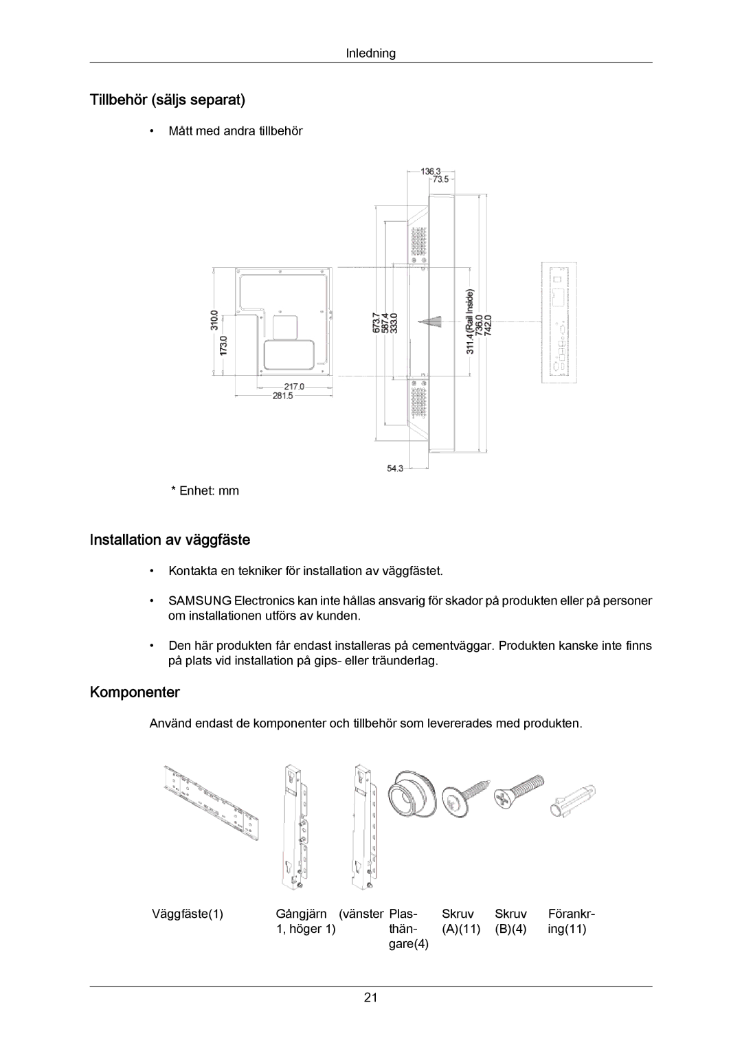 Samsung PH64KRPMBF/EN manual Tillbehör säljs separat, Installation av väggfäste, Komponenter 