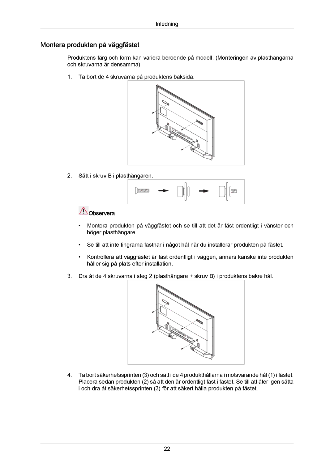 Samsung PH64KRPMBF/EN manual Montera produkten på väggfästet 