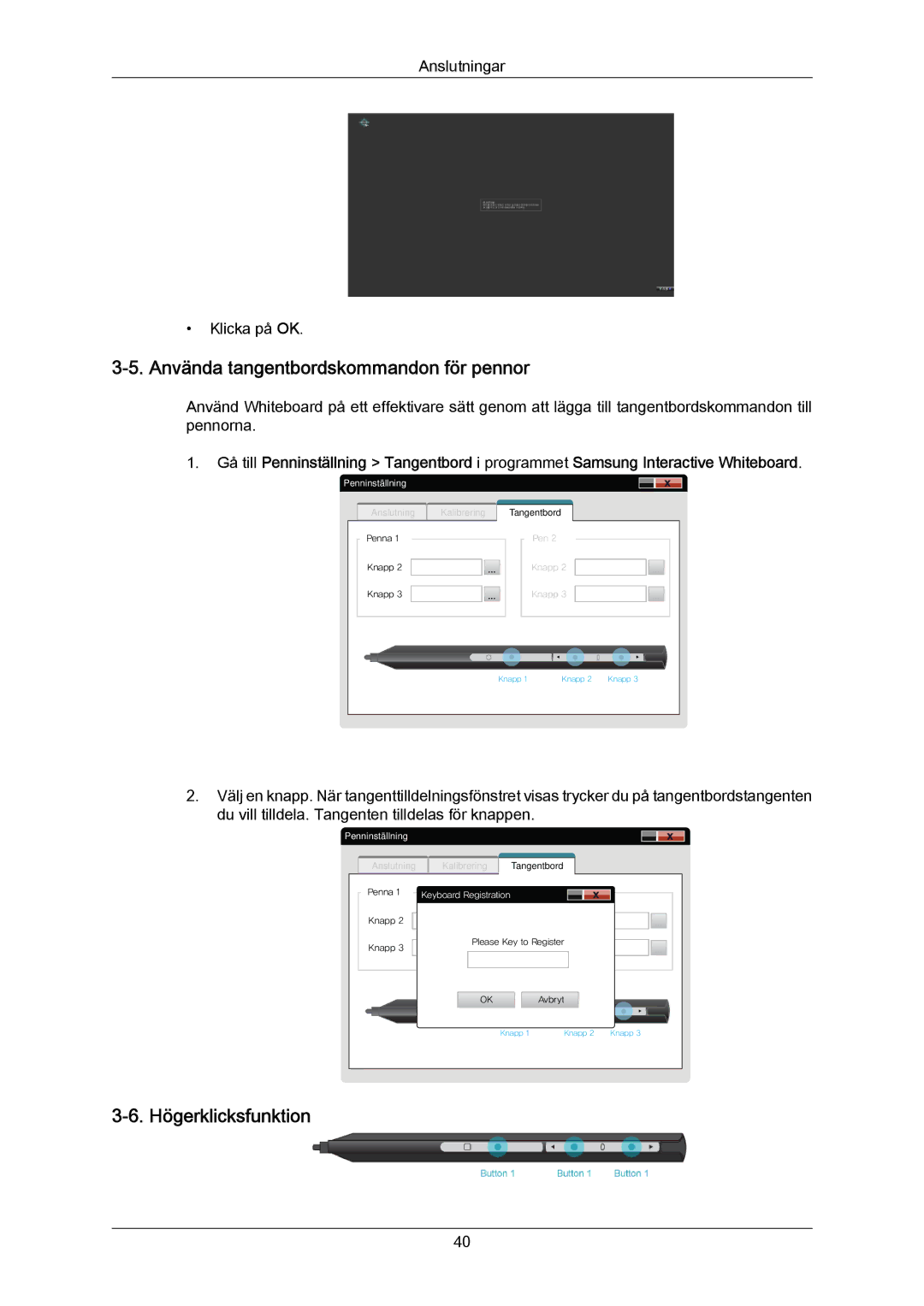 Samsung PH64KRPMBF/EN manual Använda tangentbordskommandon för pennor, Högerklicksfunktion 