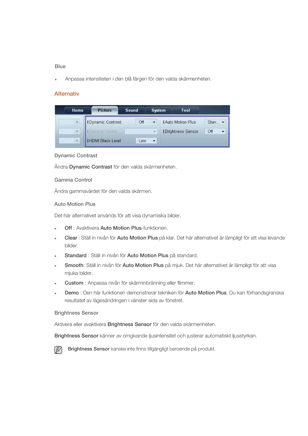 Samsung PH64KRPMBF/EN manual Alternativ, Blue, Dynamic Contrast, Brightness Sensor 