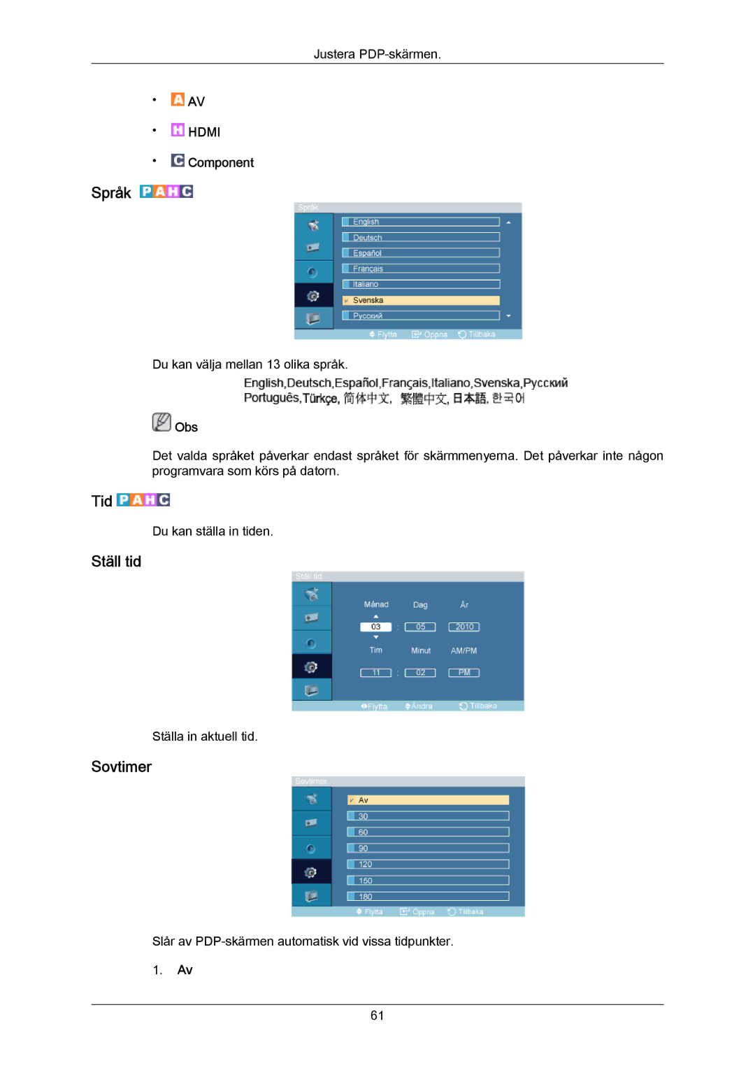 Samsung PH64KRPMBF/EN manual Språk, Tid, Ställ tid, Sovtimer 