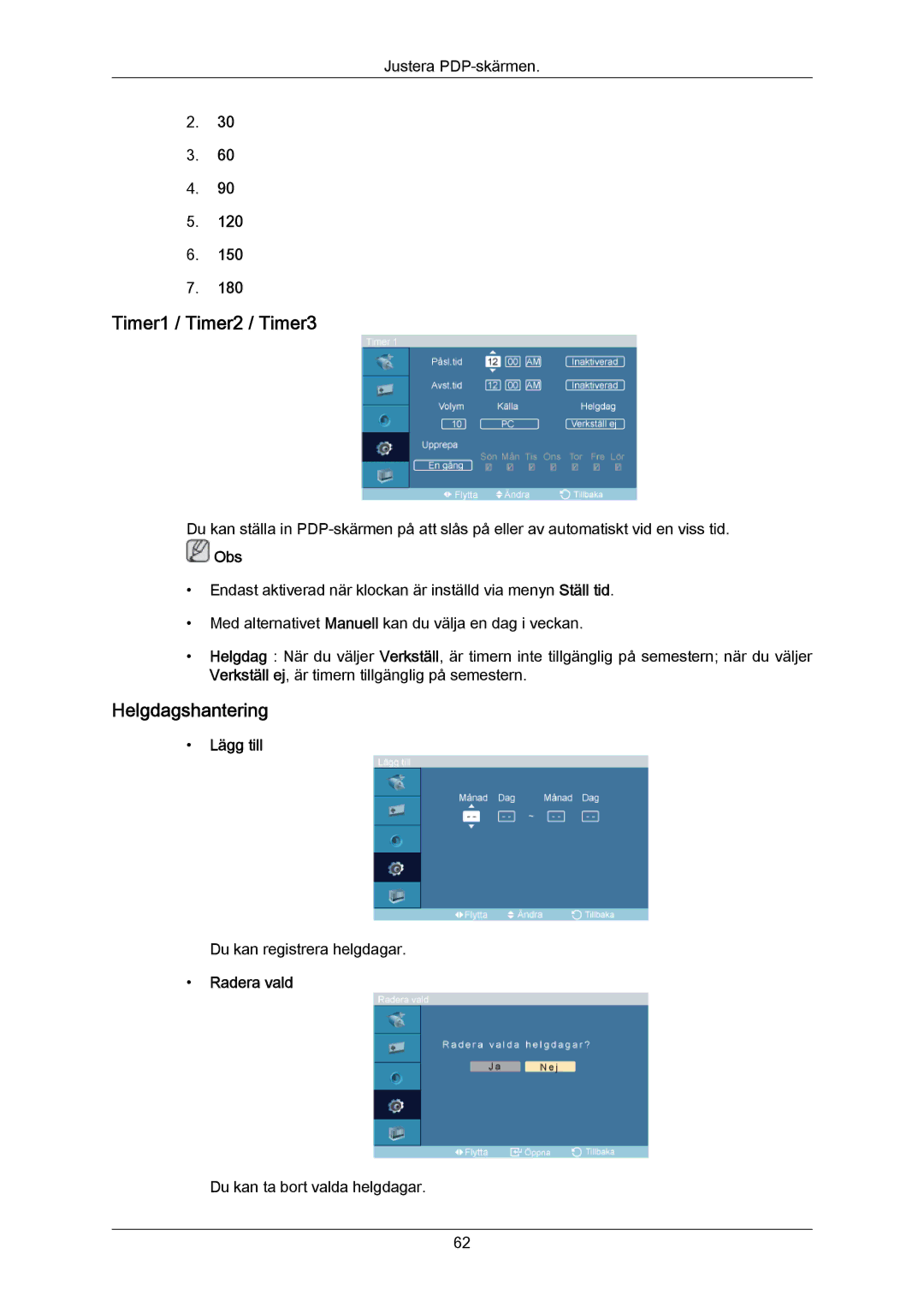 Samsung PH64KRPMBF/EN manual Timer1 / Timer2 / Timer3, Helgdagshantering, Lägg till, Radera vald 