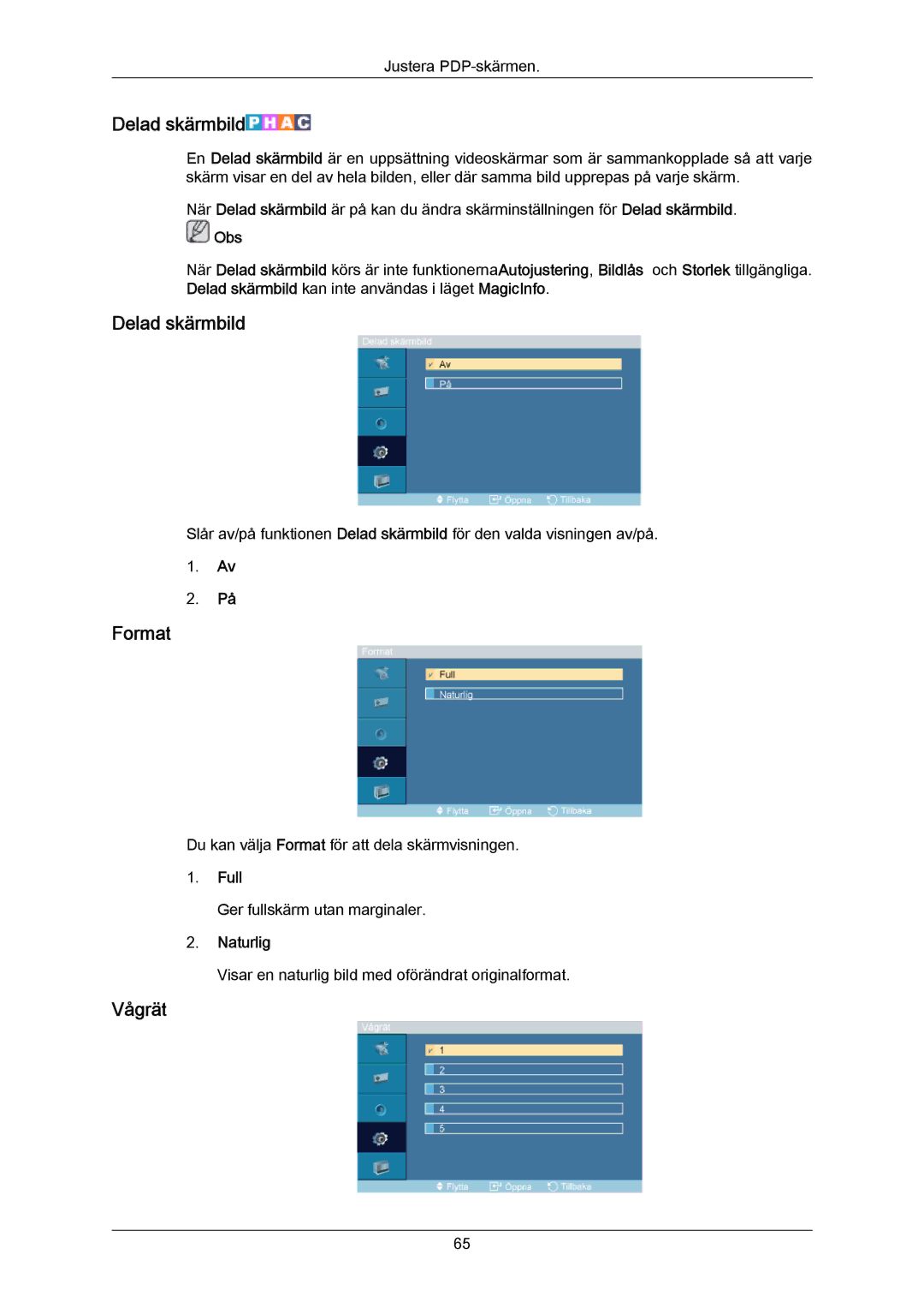 Samsung PH64KRPMBF/EN manual Delad skärmbild, Format, Vågrät, Full, Naturlig 