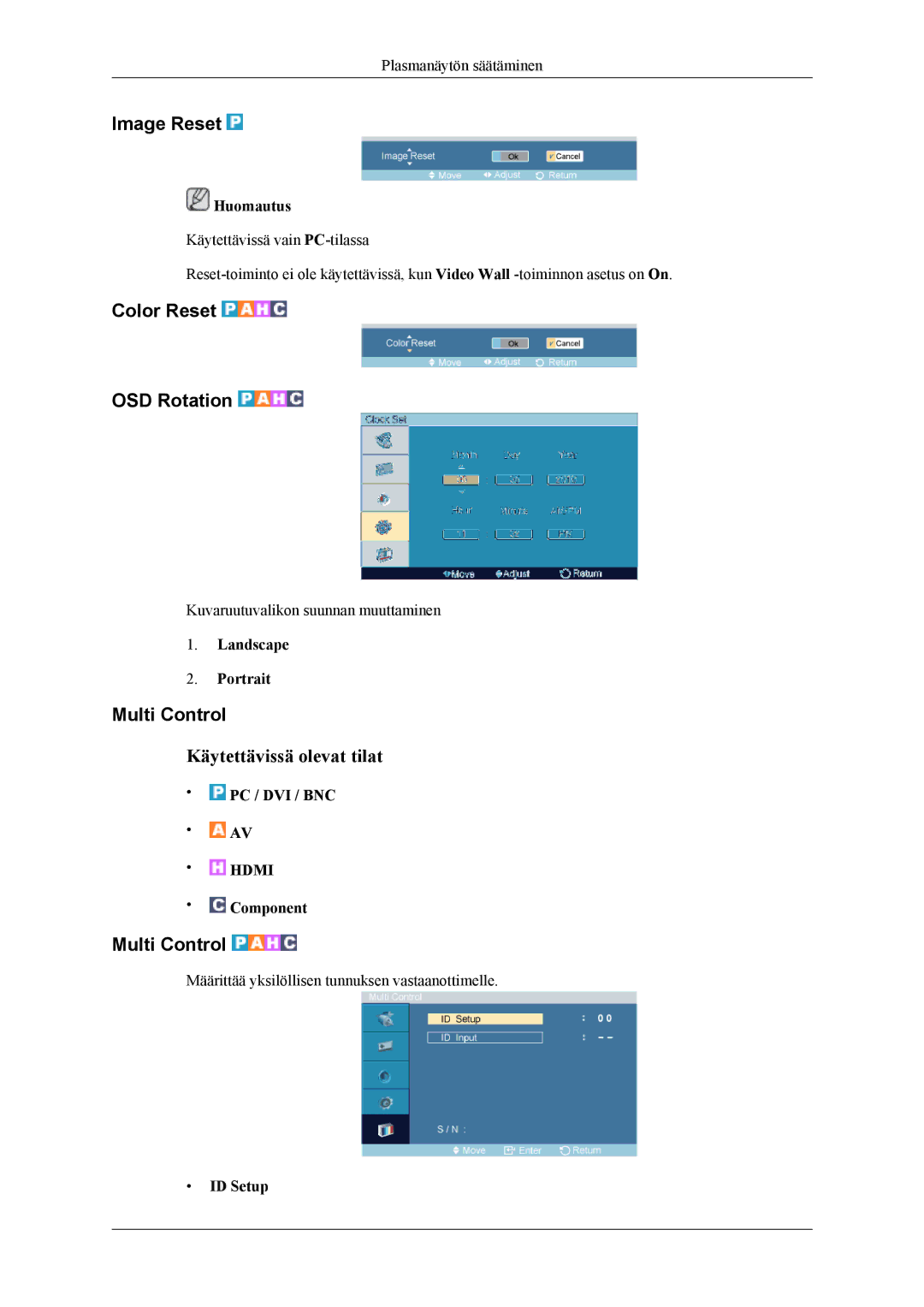 Samsung PH64KRPMBF/EN manual Image Reset, Color Reset OSD Rotation, Multi Control, Landscape Portrait, ID Setup 