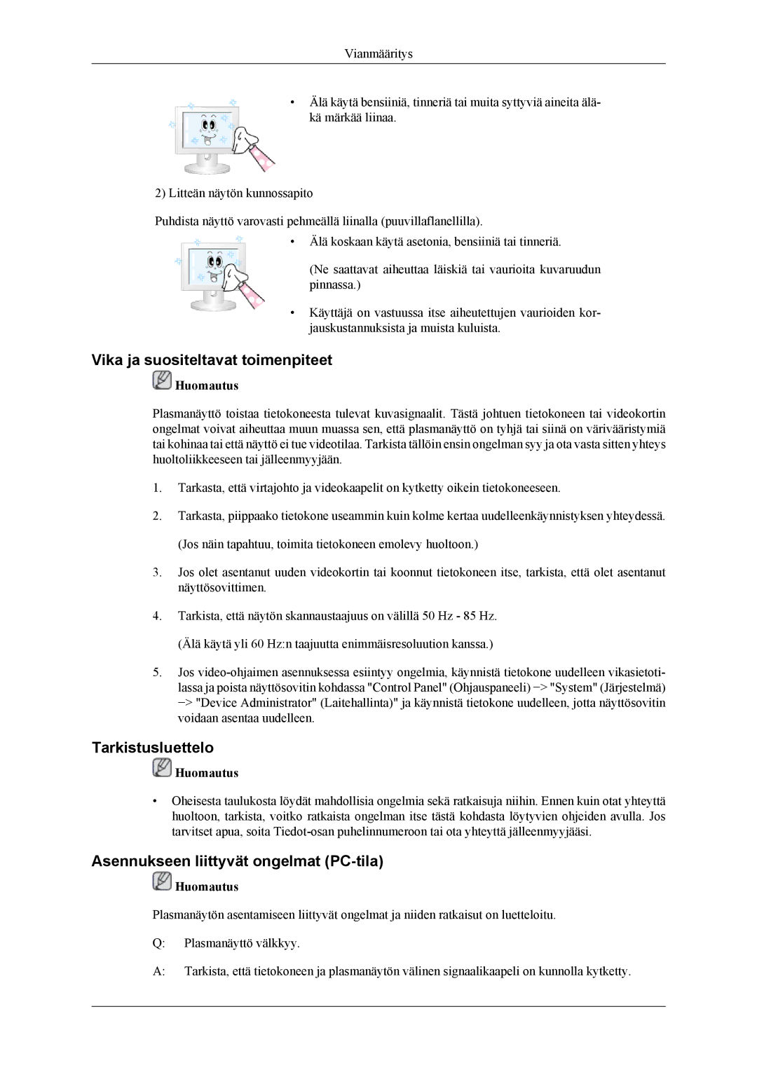 Samsung PH64KRPMBF/EN manual Vika ja suositeltavat toimenpiteet, Tarkistusluettelo, Asennukseen liittyvät ongelmat PC-tila 