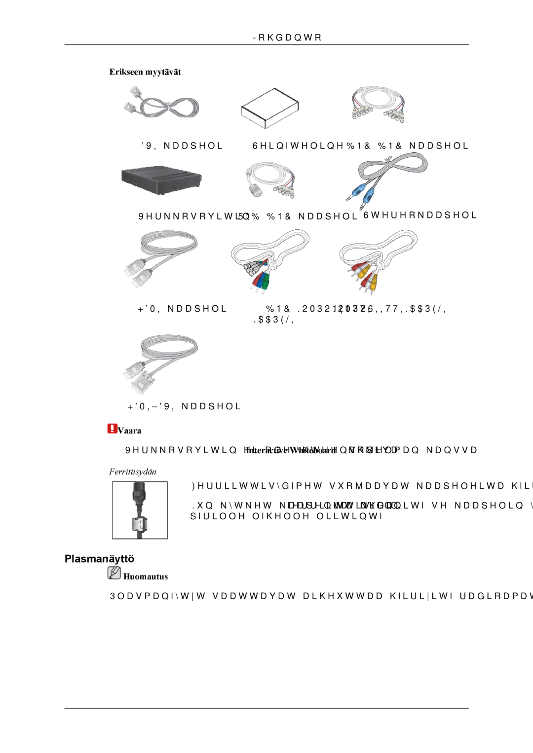 Samsung PH64KRPMBF/EN manual Plasmanäyttö, Erikseen myytävät, Vaara 