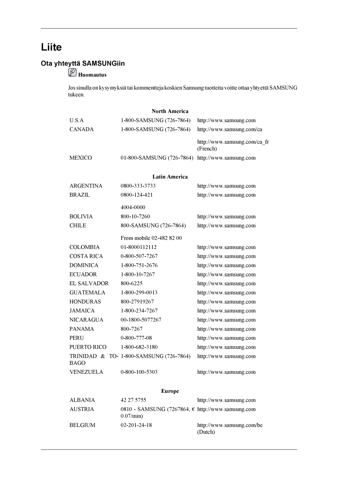 Samsung PH64KRPMBF/EN manual Ota yhteyttä SAMSUNGiin, North America, Latin America, Europe 