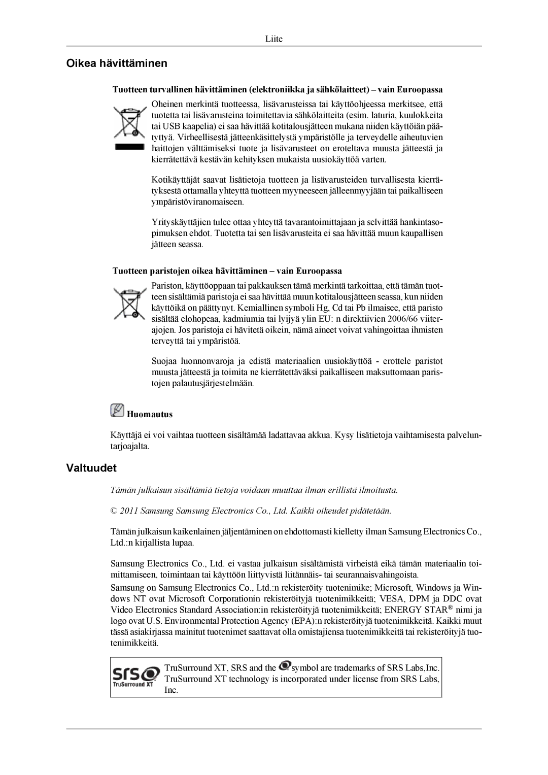 Samsung PH64KRPMBF/EN manual Oikea hävittäminen, Valtuudet, Tuotteen paristojen oikea hävittäminen vain Euroopassa 