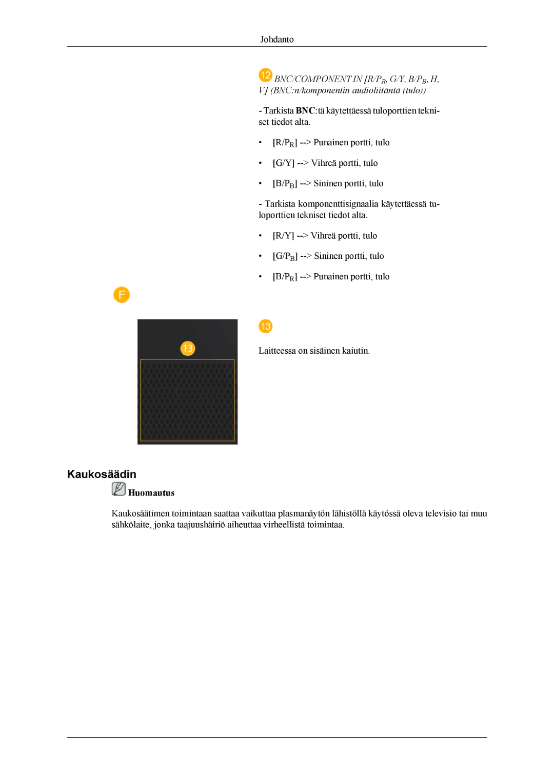 Samsung PH64KRPMBF/EN manual Kaukosäädin, BNC/COMPONENT in R/PR, G/Y, B/PB, H 