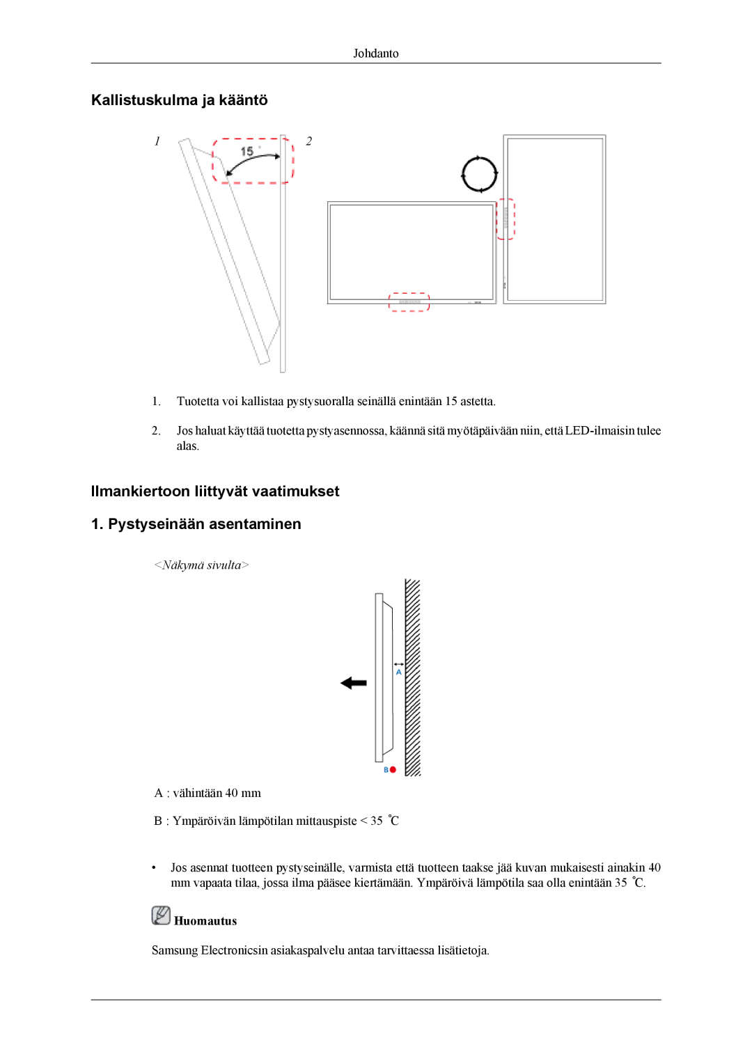 Samsung PH64KRPMBF/EN manual Kallistuskulma ja kääntö, Ilmankiertoon liittyvät vaatimukset Pystyseinään asentaminen 