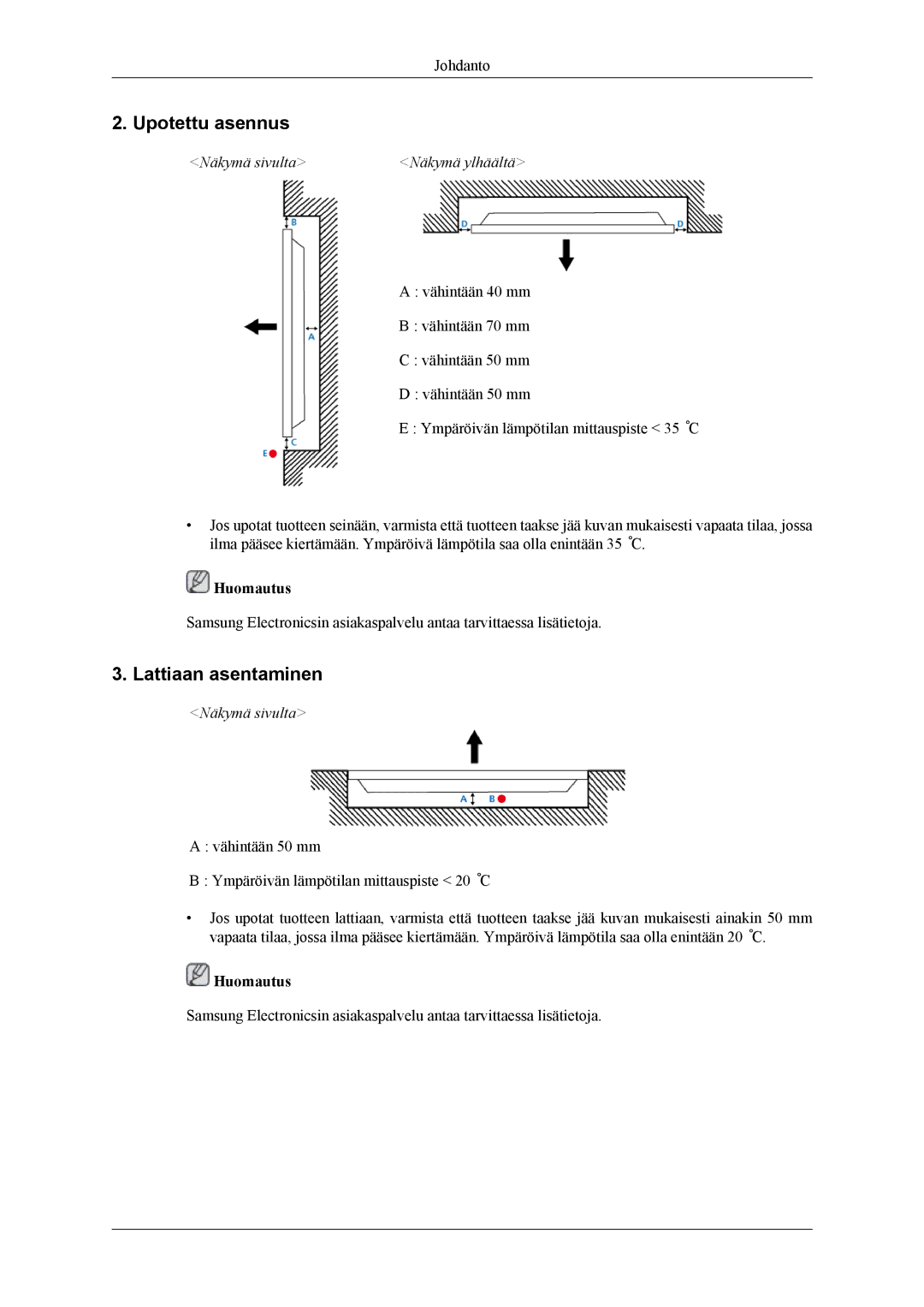 Samsung PH64KRPMBF/EN manual Upotettu asennus, Lattiaan asentaminen 