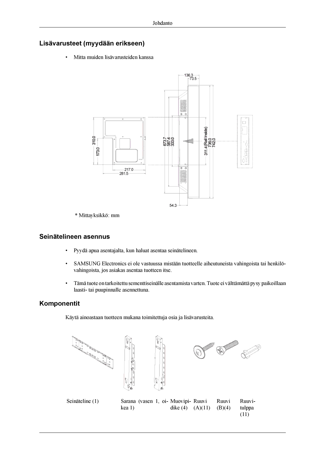 Samsung PH64KRPMBF/EN manual Lisävarusteet myydään erikseen, Seinätelineen asennus, Komponentit 