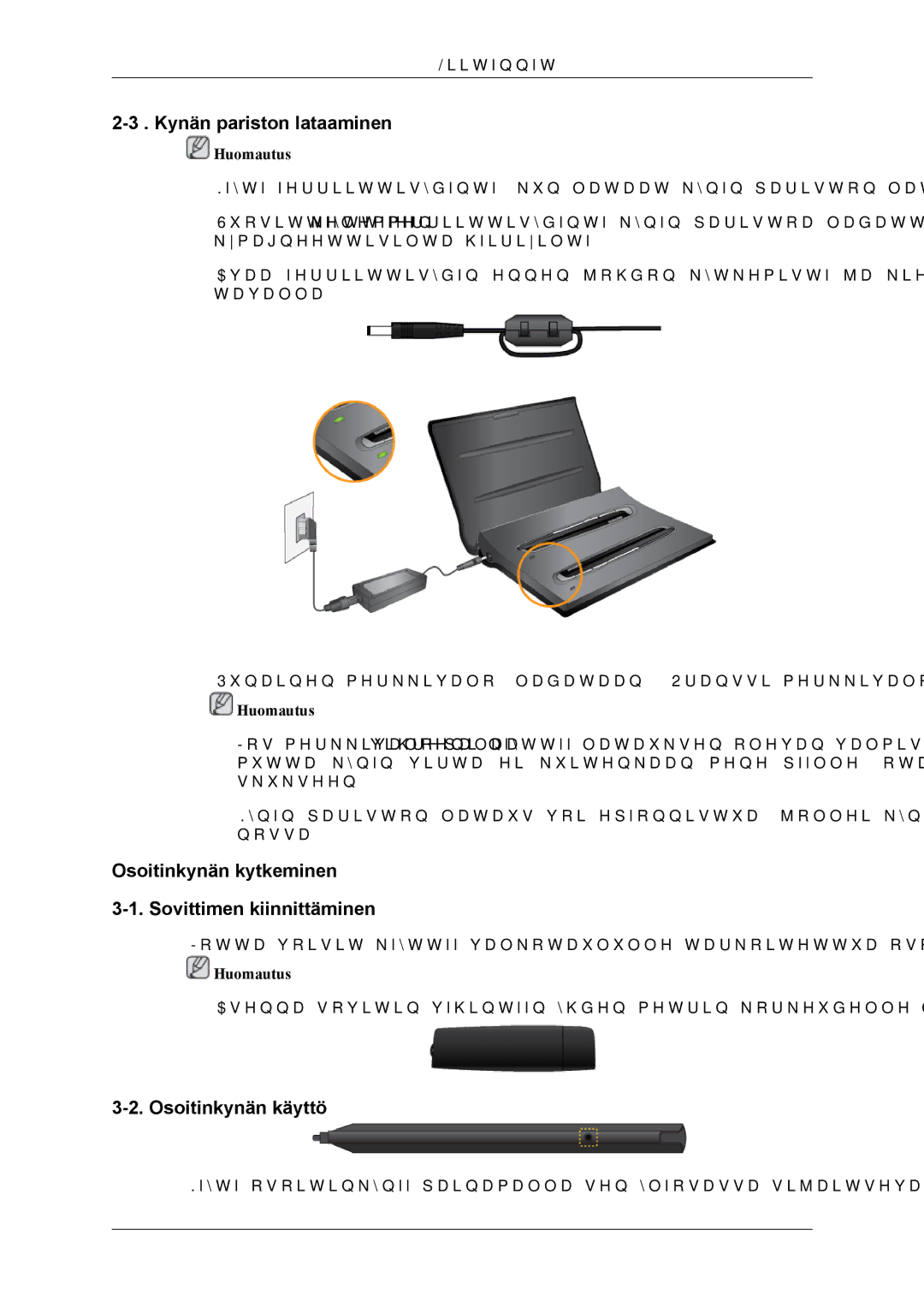 Samsung PH64KRPMBF/EN Kynän pariston lataaminen, Osoitinkynän kytkeminen Sovittimen kiinnittäminen, Osoitinkynän käyttö 