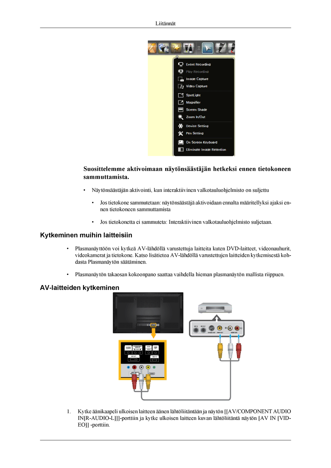 Samsung PH64KRPMBF/EN manual Kytkeminen muihin laitteisiin, AV-laitteiden kytkeminen 