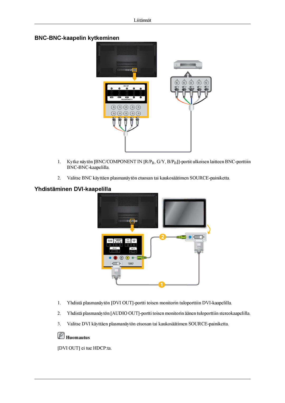 Samsung PH64KRPMBF/EN manual BNC-BNC-kaapelin kytkeminen, Yhdistäminen DVI-kaapelilla 