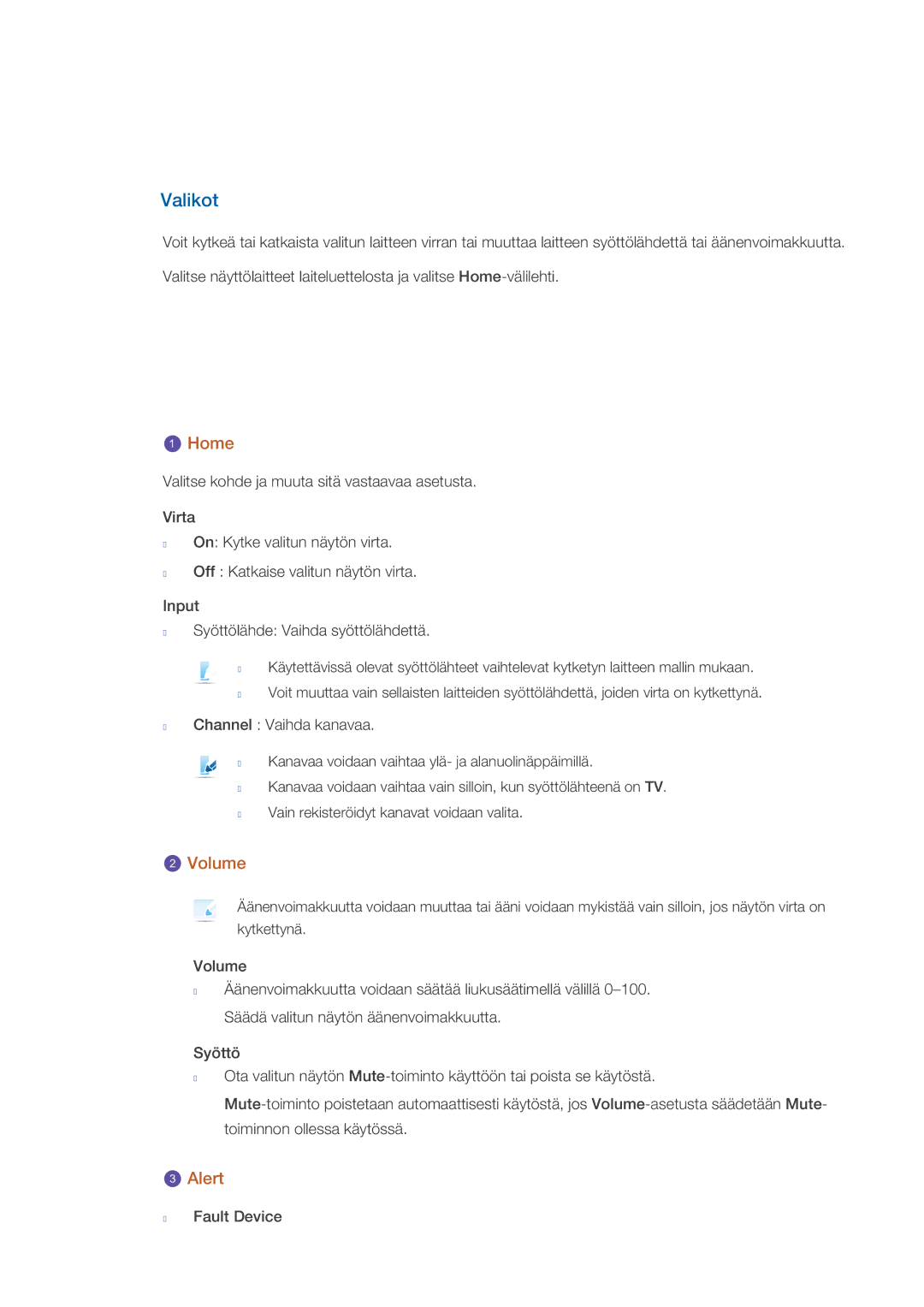 Samsung PH64KRPMBF/EN manual Valikot, Home, Volume, Alert 