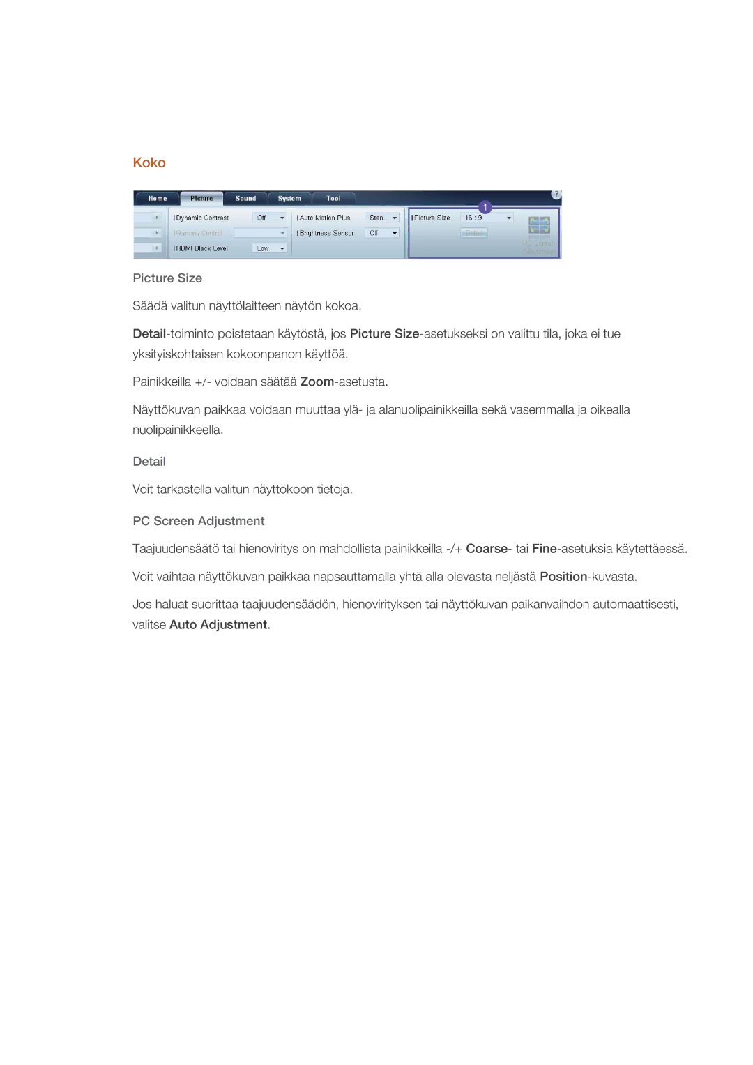 Samsung PH64KRPMBF/EN manual Koko, Picture Size, Detail, PC Screen Adjustment 