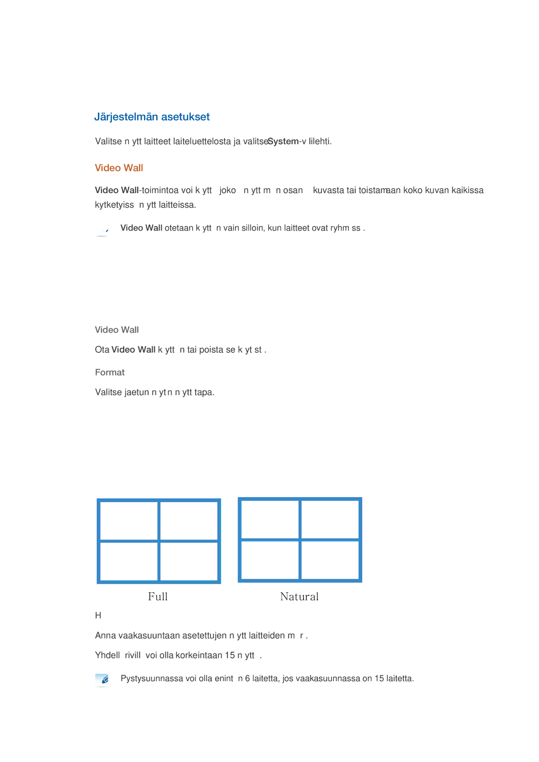 Samsung PH64KRPMBF/EN manual Järjestelmän asetukset, Video Wall, Format 