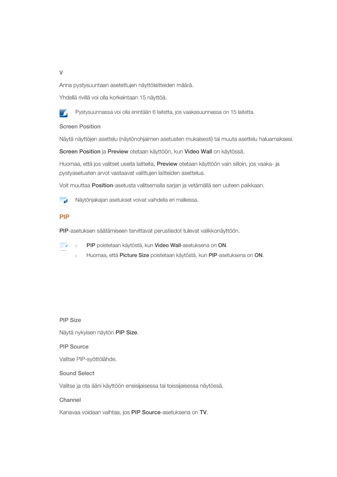 Samsung PH64KRPMBF/EN manual Screen Position, PIP Size, PIP Source, Sound Select 