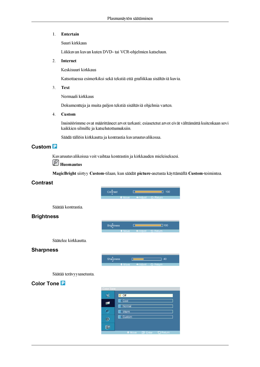 Samsung PH64KRPMBF/EN manual Custom, Contrast, Brightness, Sharpness, Color Tone 