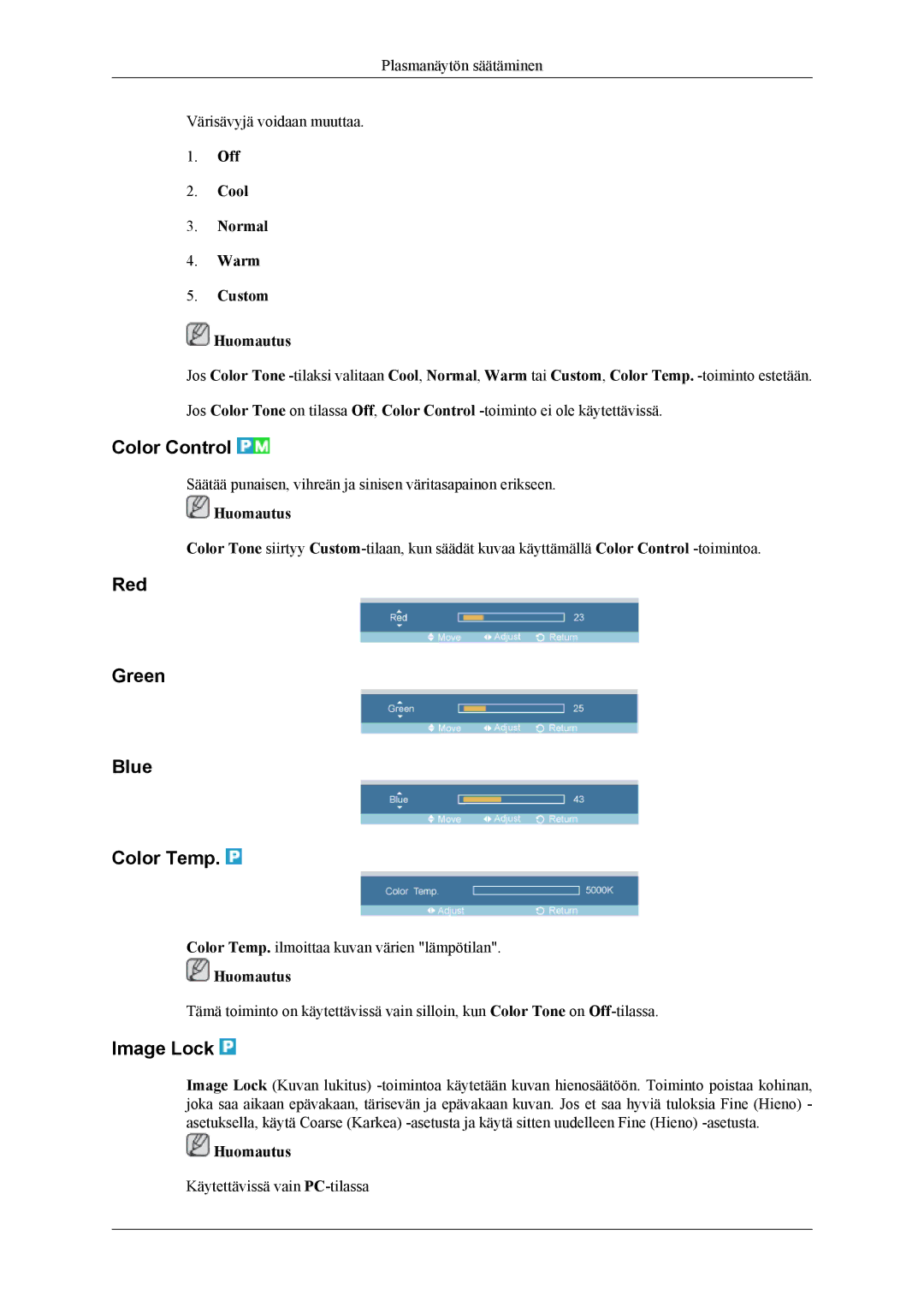 Samsung PH64KRPMBF/EN manual Color Control, Red Green Blue Color Temp, Image Lock, Off Cool Normal Warm Custom Huomautus 