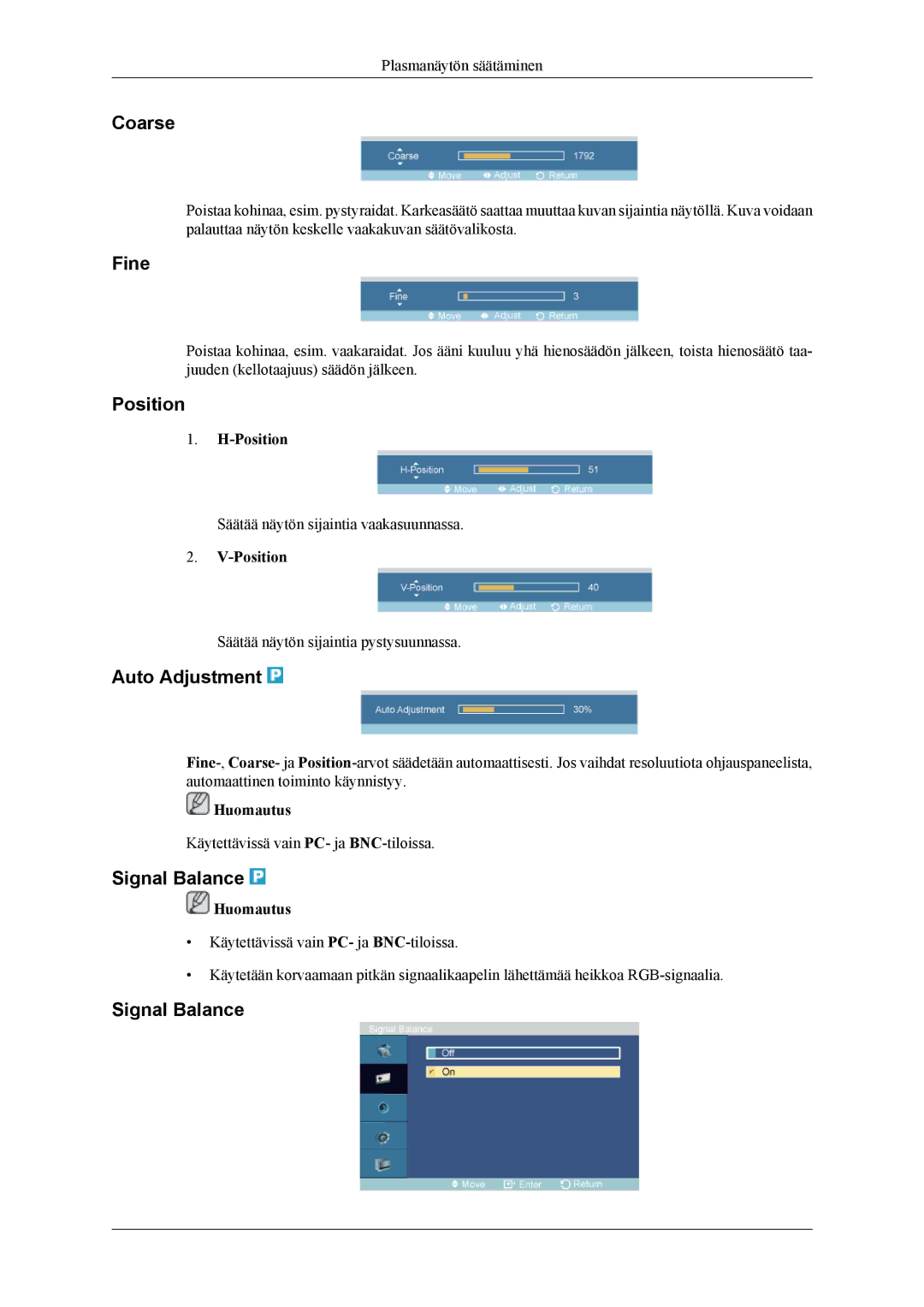 Samsung PH64KRPMBF/EN manual Coarse, Fine, Position, Auto Adjustment, Signal Balance 