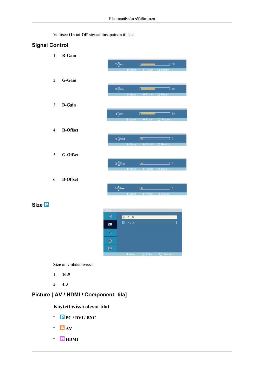 Samsung PH64KRPMBF/EN manual Signal Control, Size, Picture AV / Hdmi / Component -tila, Gain Offset 