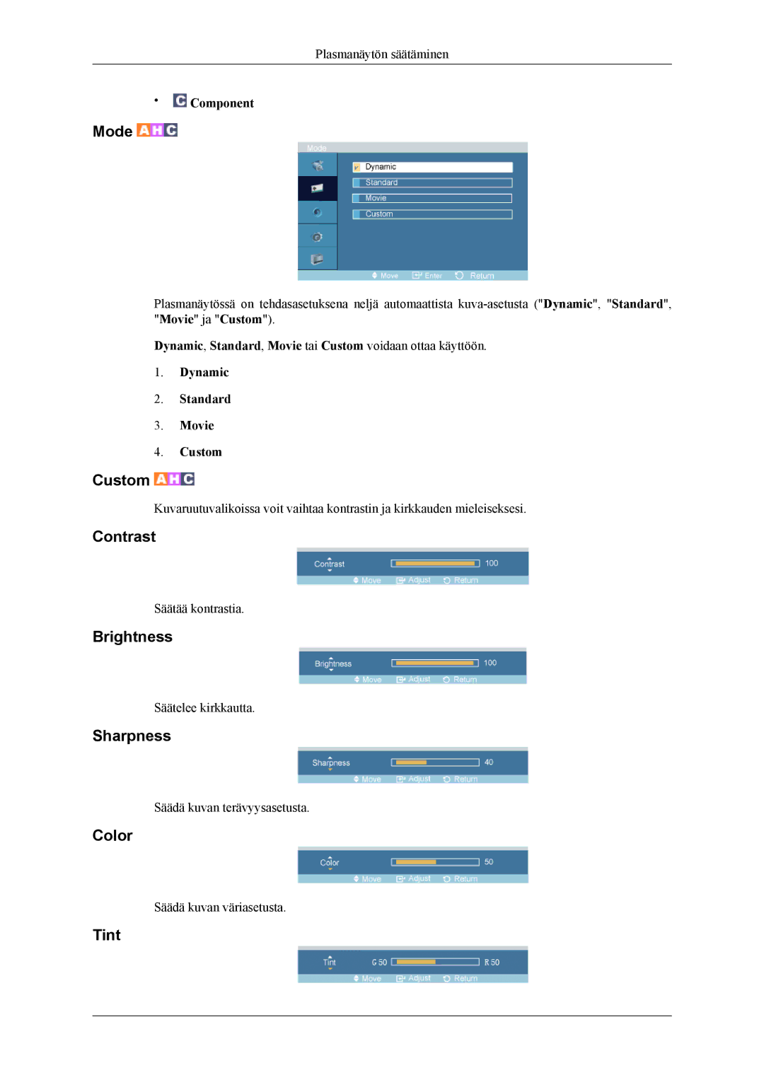 Samsung PH64KRPMBF/EN manual Mode, Color, Tint, Dynamic Standard Movie Custom 