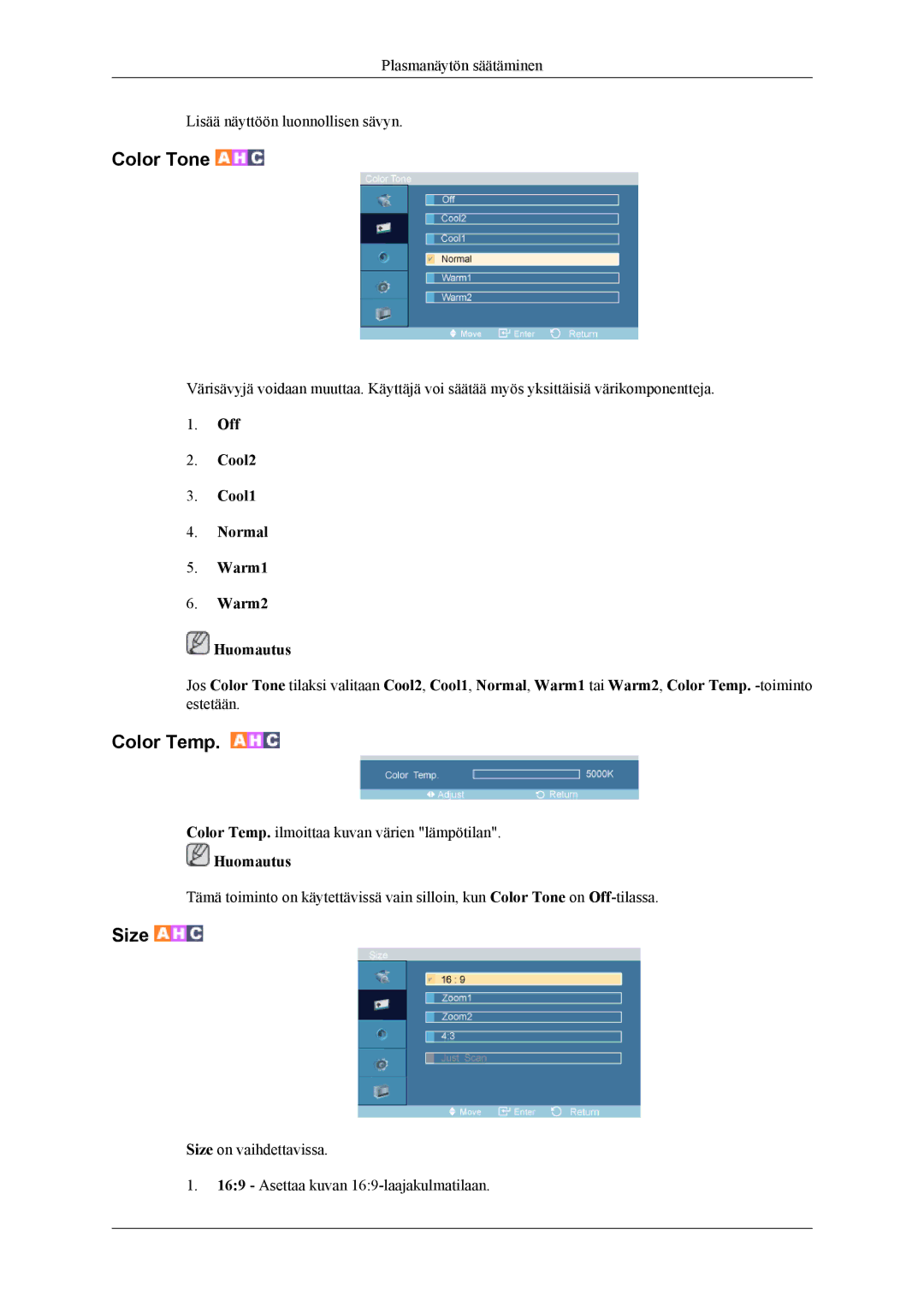 Samsung PH64KRPMBF/EN manual Plasmanäytön säätäminen Lisää näyttöön luonnollisen sävyn 