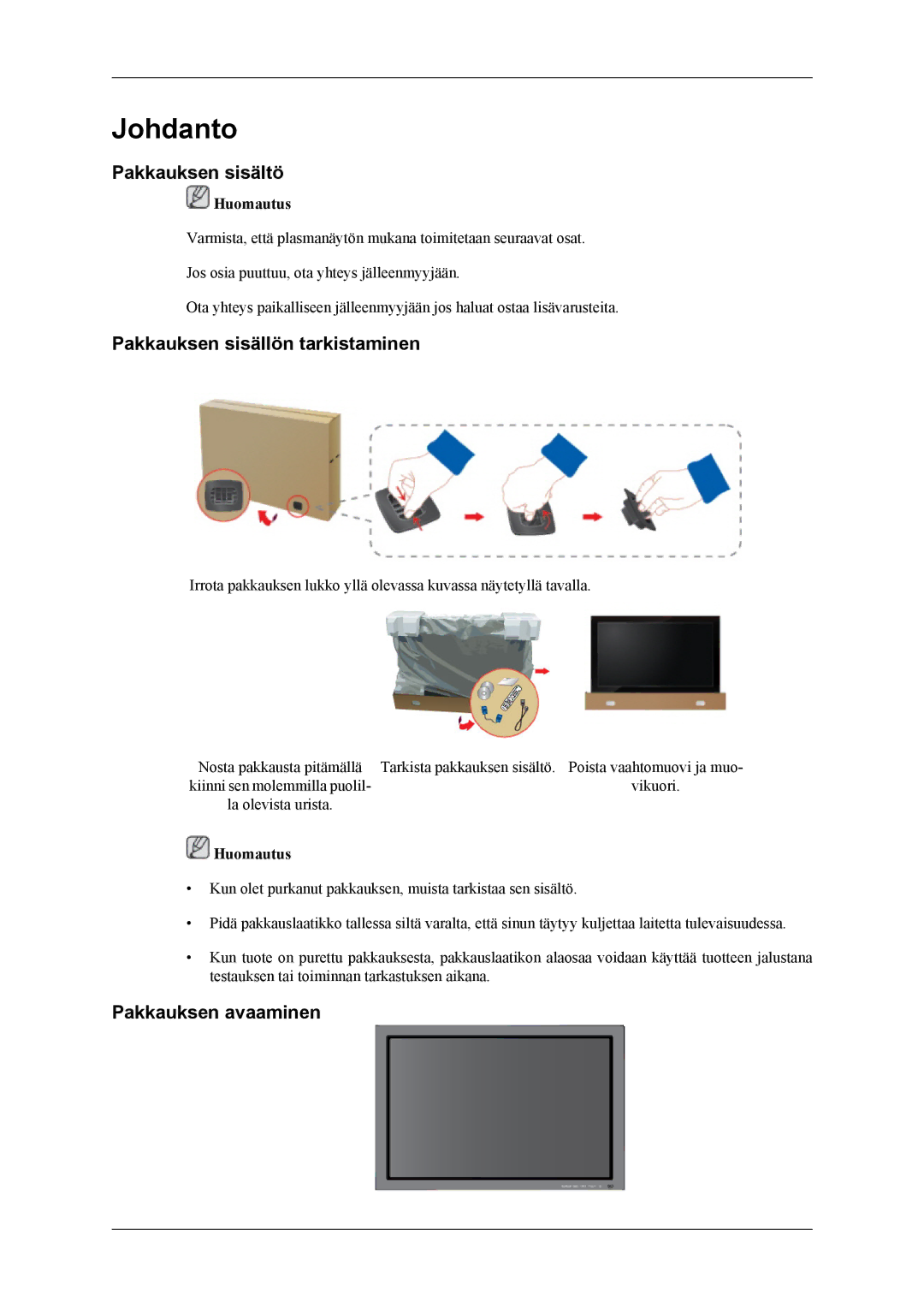 Samsung PH64KRPMBF/EN manual Pakkauksen sisältö, Pakkauksen sisällön tarkistaminen, Pakkauksen avaaminen 