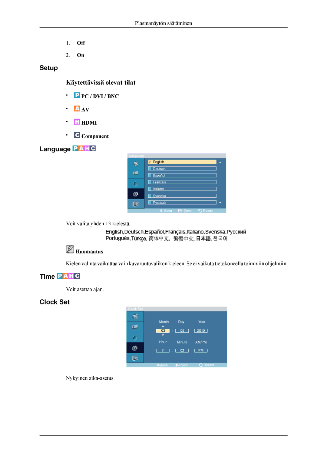 Samsung PH64KRPMBF/EN manual Setup, Language, Time, Clock Set 