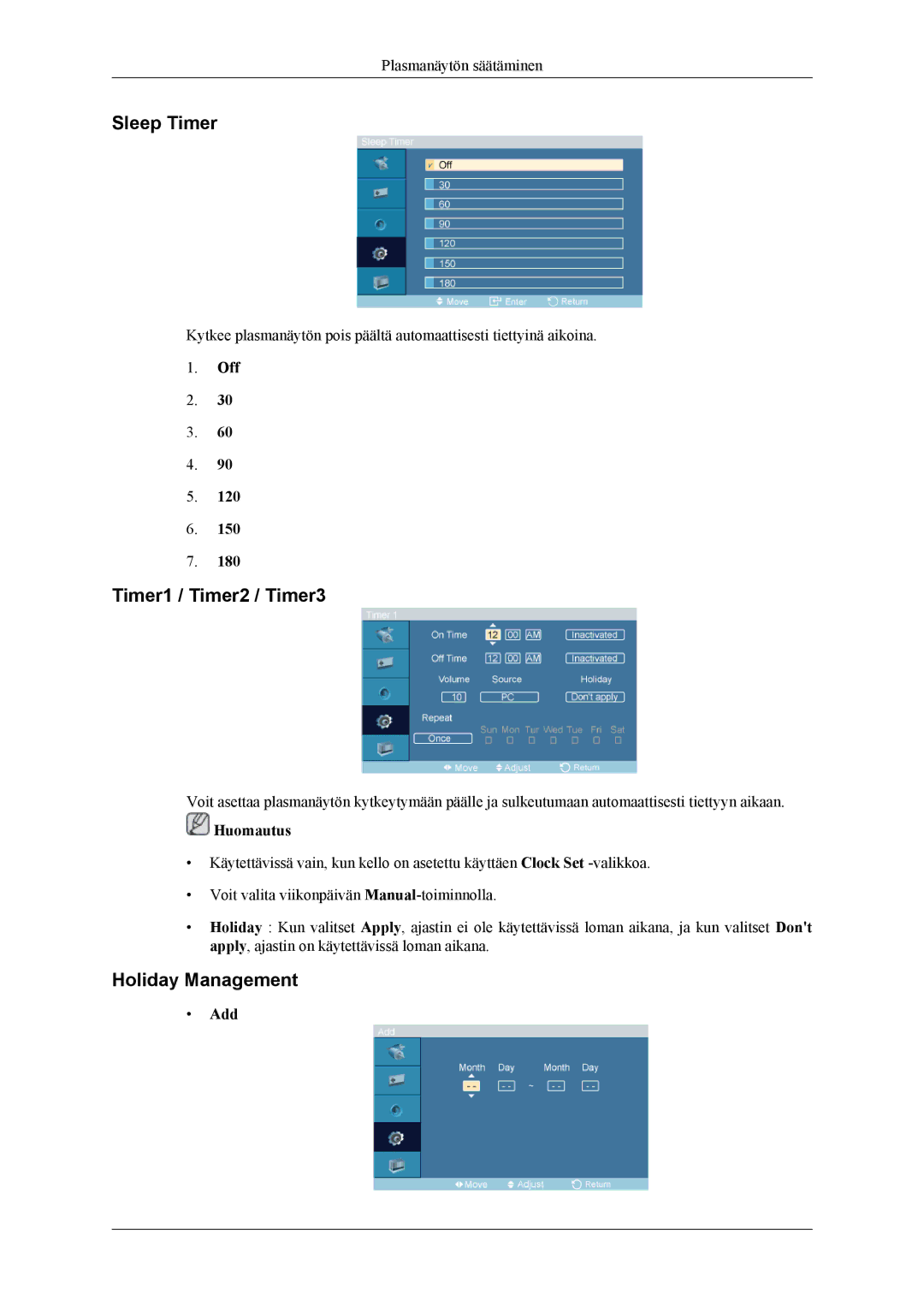 Samsung PH64KRPMBF/EN manual Sleep Timer, Timer1 / Timer2 / Timer3, Holiday Management, Add 