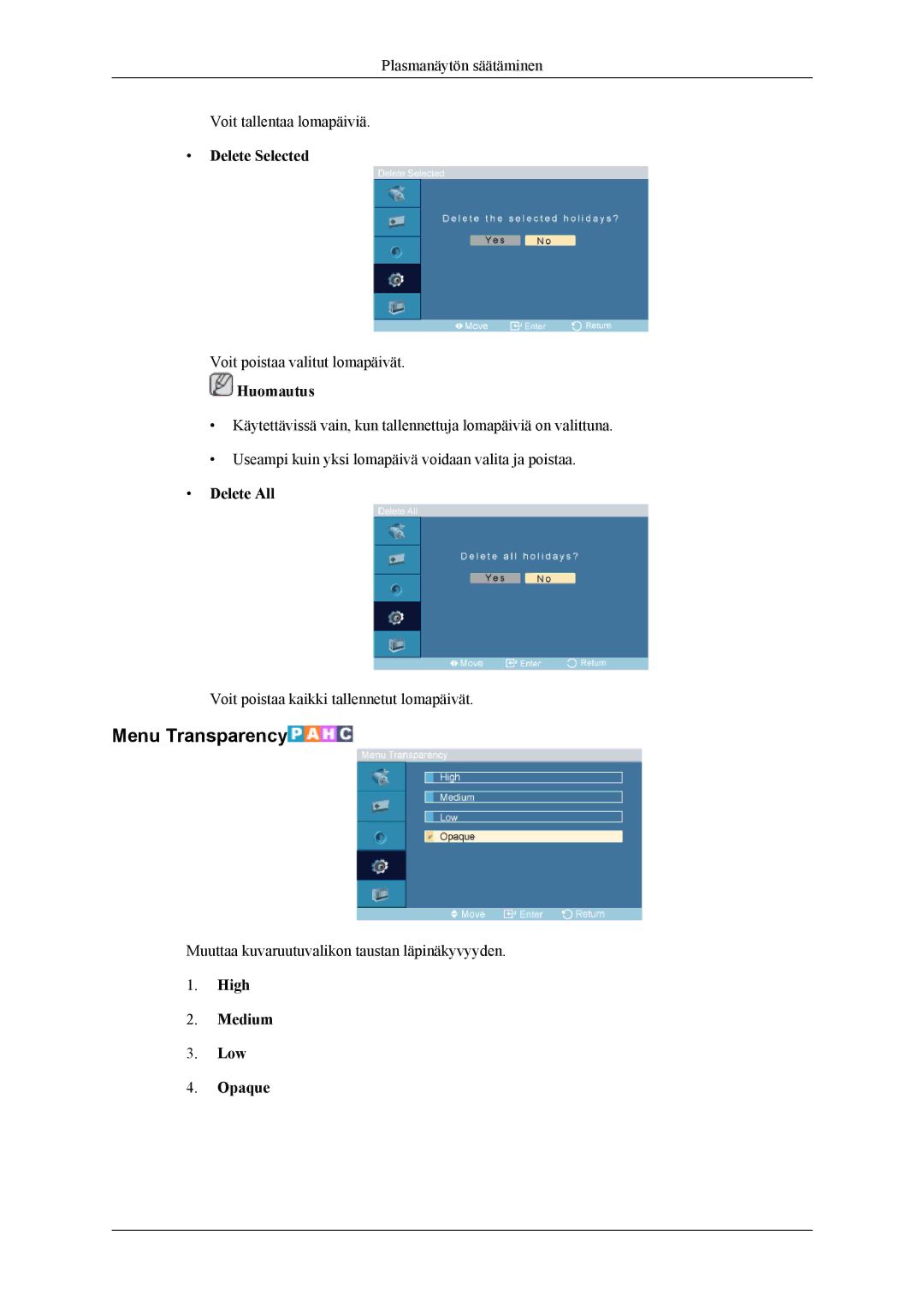 Samsung PH64KRPMBF/EN manual Menu Transparency, Delete Selected, Delete All, High Medium Low Opaque 