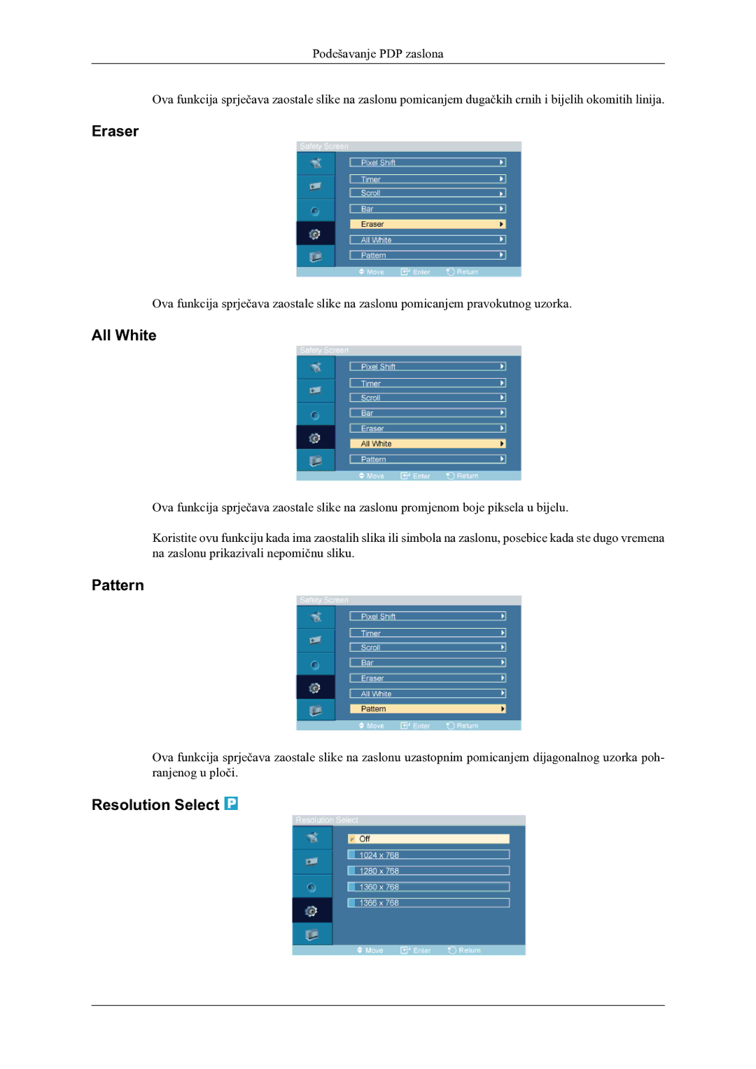 Samsung PH64KRPMBF/EN manual Eraser, All White, Pattern, Resolution Select 