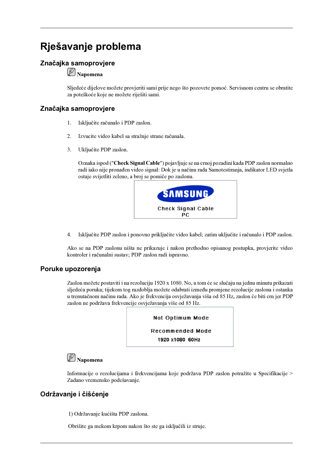 Samsung PH64KRPMBF/EN manual Značajka samoprovjere, Poruke upozorenja, Održavanje i čišćenje 