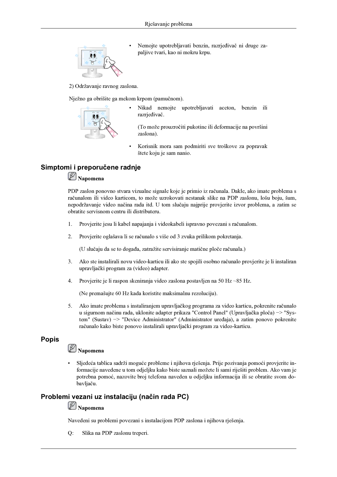 Samsung PH64KRPMBF/EN manual Simptomi i preporučene radnje, Popis, Problemi vezani uz instalaciju način rada PC 