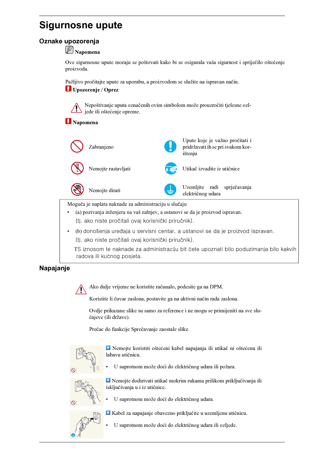 Samsung PH64KRPMBF/EN manual Oznake upozorenja, Napajanje, Napomena, Upozorenje / Oprez 