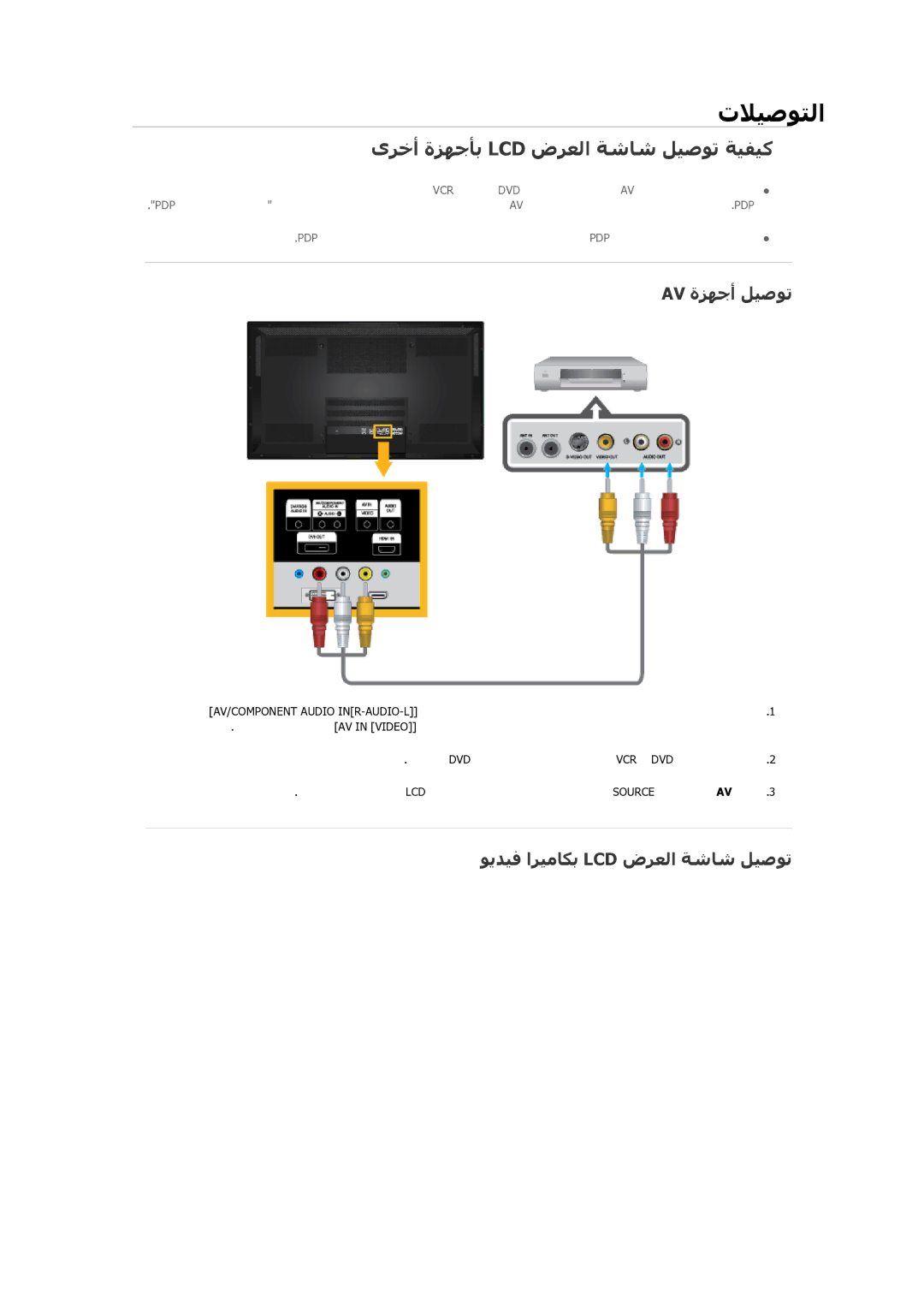 Samsung PH64KRPMBF/NG manual ىﺮﺧأ ةﺰﻬﺟﺄﺑ Lcd ضﺮﻌﻟا ﺔﺷﺎﺷ ﻞﻴﺻﻮﺗ ﺔﻴﻔﻴآ, Av ةﺰﻬﺟأ ﻞﻴﺻﻮﺗ, ﻮﻳﺪﻴﻓ اﺮﻴﻣﺎﻜﺑ Lcd ضﺮﻌﻟا ﺔﺷﺎﺷ ﻞﻴﺻﻮﺗ 