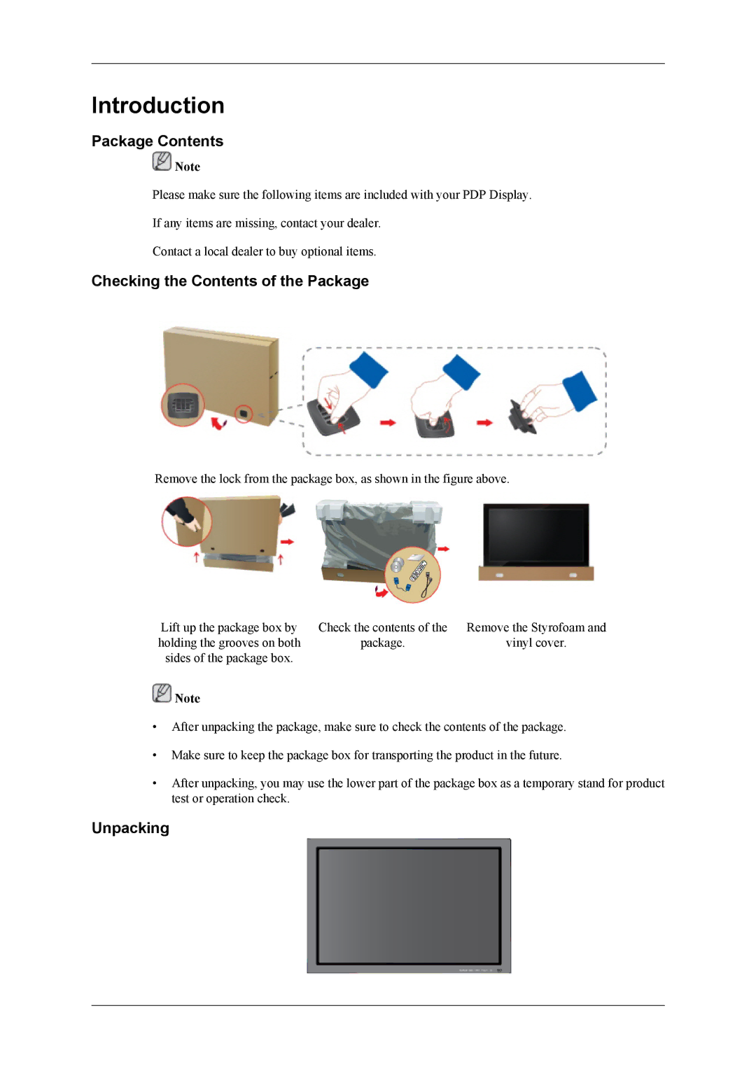 Samsung PH64KRPMBF/NG, PH64KRRMBF/EN, PH64KRPMBF/EN manual Package Contents, Checking the Contents of the Package, Unpacking 