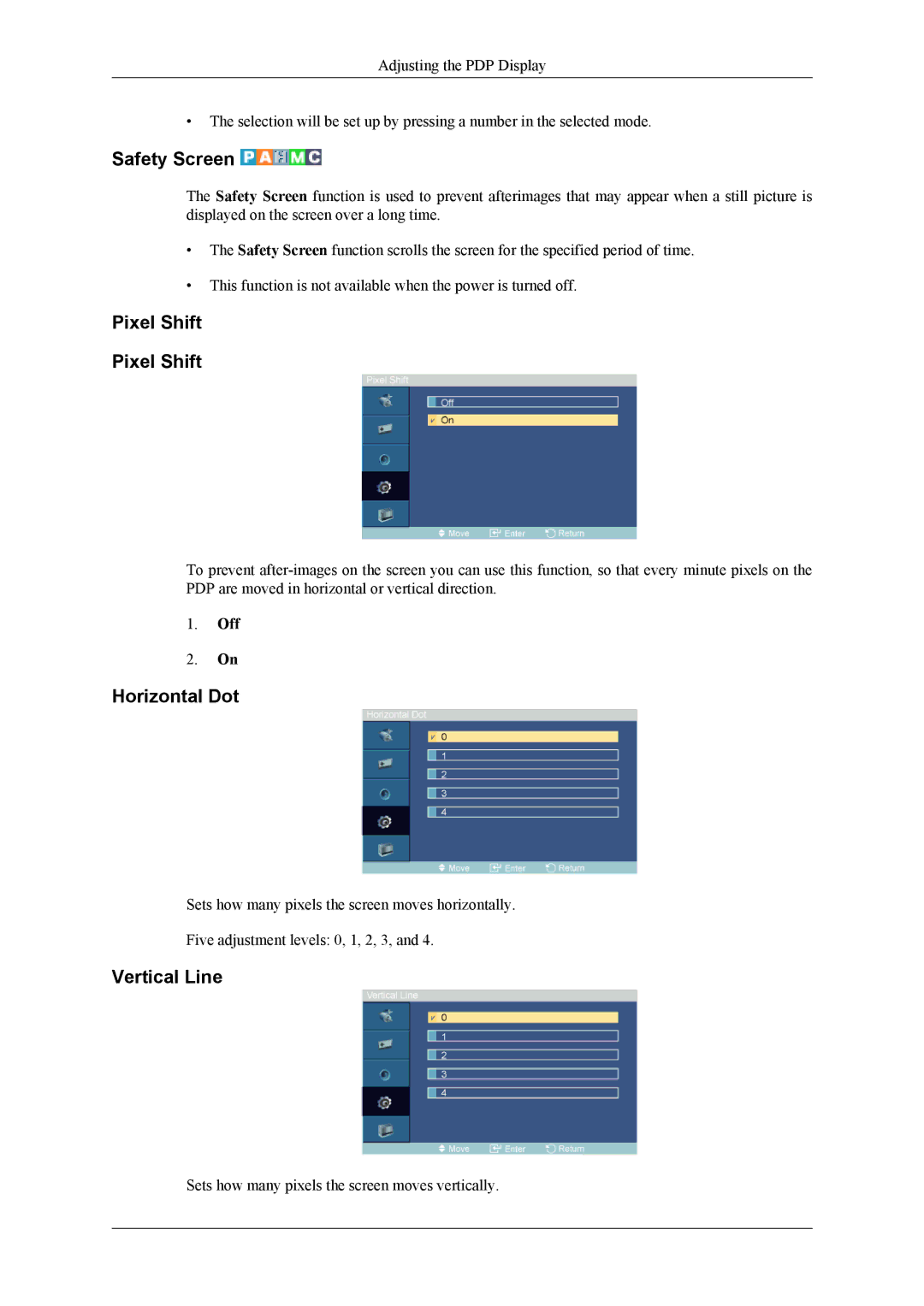 Samsung PH64KRRMBF/EN, PH64KRPMBF/EN, PH64KRPMBF/NG, PH64KRPMBF/XY Safety Screen, Pixel Shift, Horizontal Dot, Vertical Line 