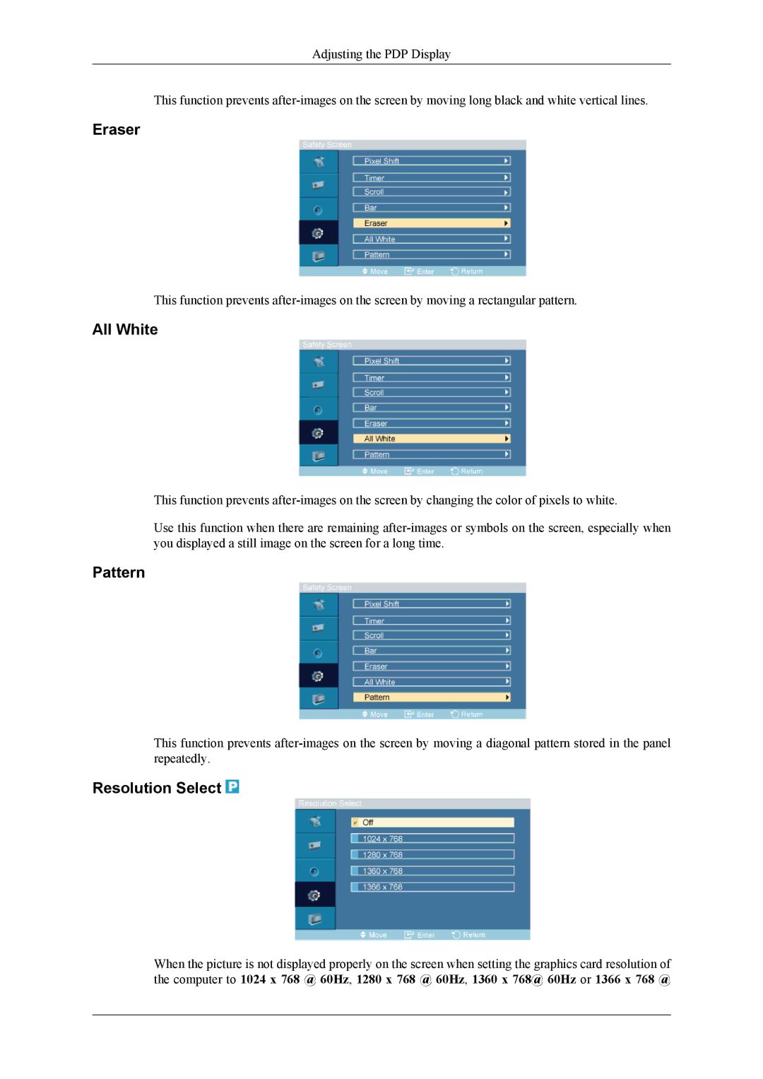 Samsung PH64KRPMBF/XY, PH64KRRMBF/EN, PH64KRPMBF/EN, PH64KRPMBF/NG manual Eraser, All White, Pattern, Resolution Select 