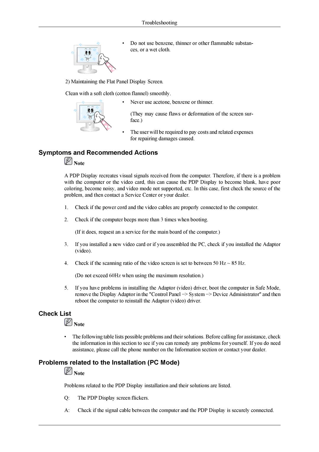 Samsung PH64KRRMBF/EN manual Symptoms and Recommended Actions, Check List, Problems related to the Installation PC Mode 