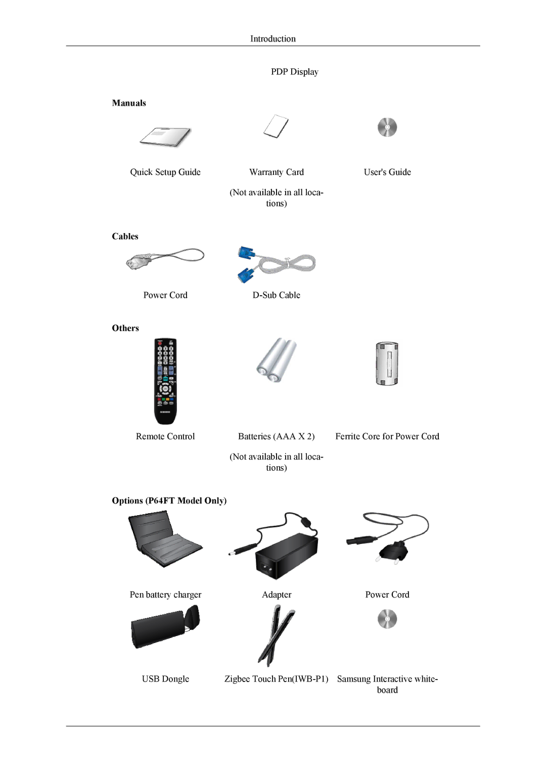 Samsung PH64KRPMBF/XY, PH64KRRMBF/EN, PH64KRPMBF/EN, PH64KRPMBF/NG manual Manuals, Cables, Others, Options P64FT Model Only 